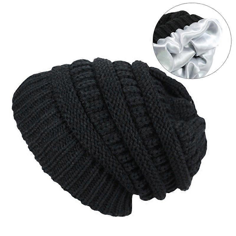 Men's and women's winter knitted caps, double layer, winter hats, beanie, satin interior, minimalist styleblack
