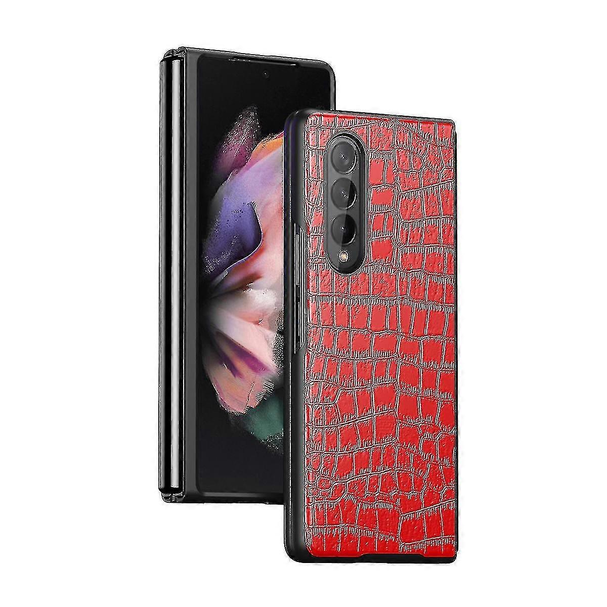 Crocodile Pattern Pu Leather Case Compatible With Samsung Galaxy Z Fold 4, Hard Pc Frame Shockproof Cover Red