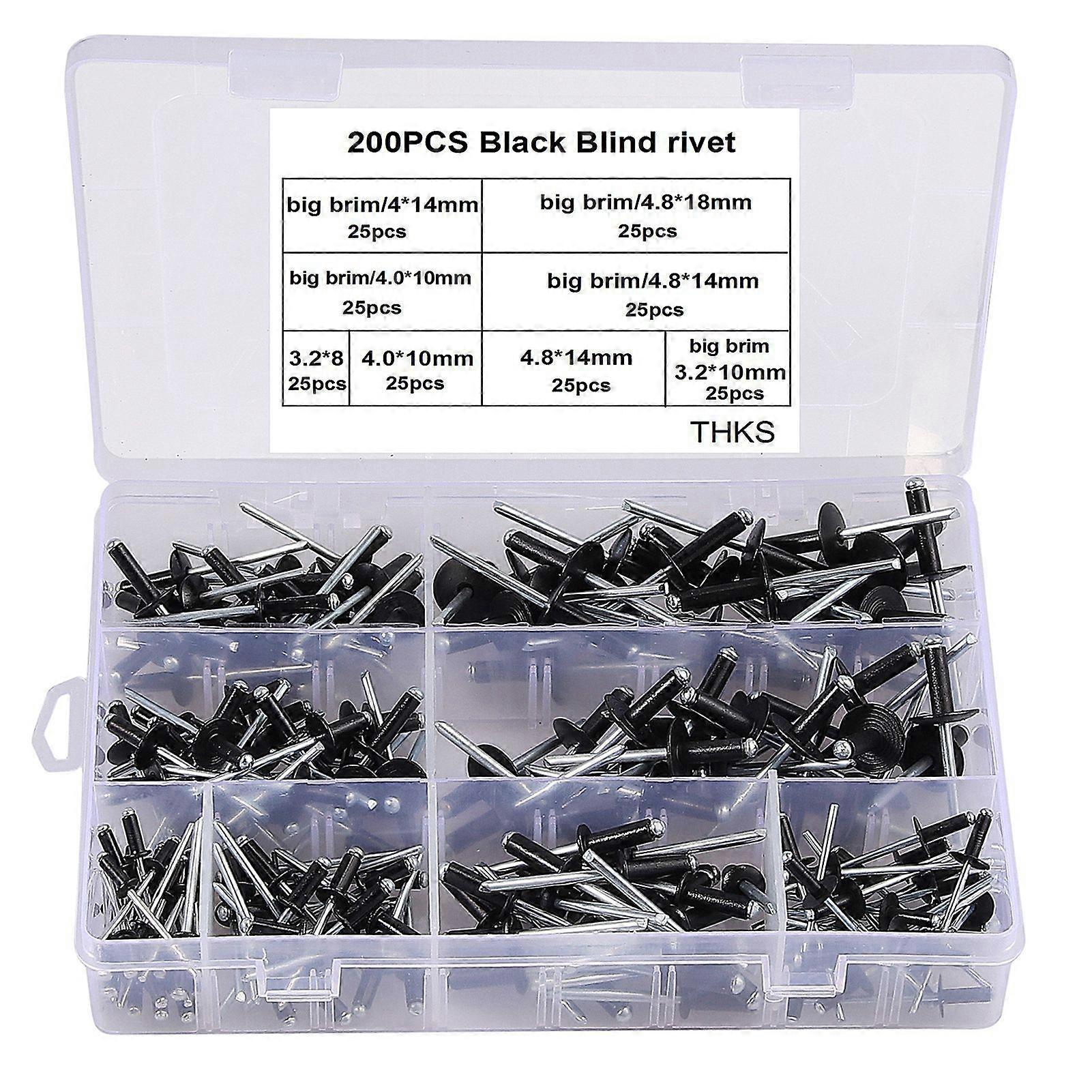 200Pcs Rivets Multiple Corrosion-resistant Big Brim Black Blind Rivet Set for Automobiles QinHai