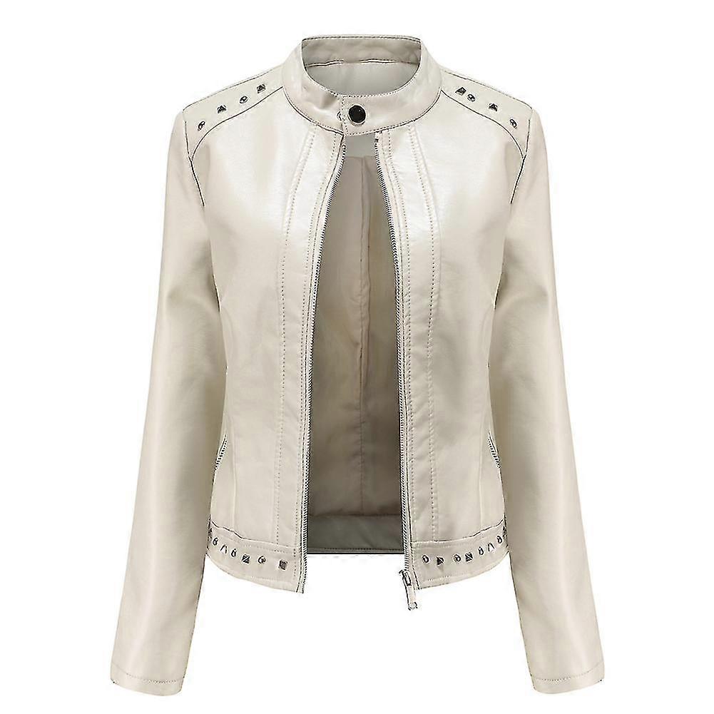 Naiwang Women's Solid Color Stand Collar Stud Slim Fit Cropped Zip Leather Jacket