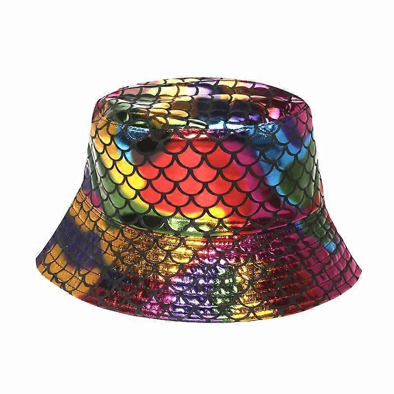 여름 트렌드 레인보우 다채로운 금색과 은 물고기 비늘 냄비 어부 모자 여성 인어 파나마 버킷 모자 힙합 F190
