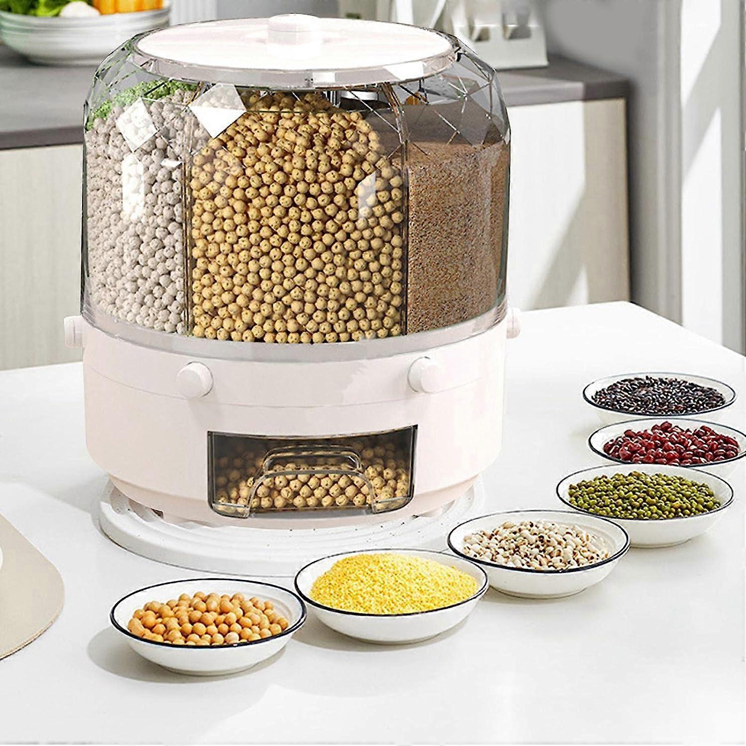 Rice Bucket Dispenser, 6-Grid Cereal Rotating Bucket, 360-Degree ...