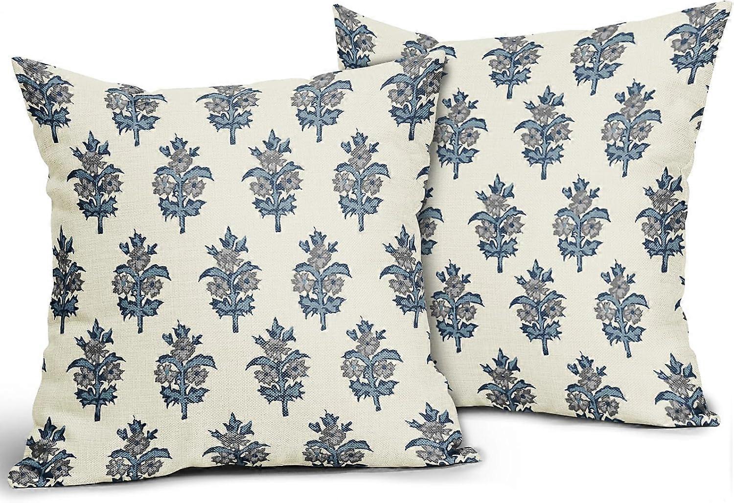 Blue Grey Gray Floral Pillow Covers 16x16 Set of 2 Spring Summer Flower Leaves Print Decorative Throw Pillow Cases Outdoor Farmhouse Decoration for So