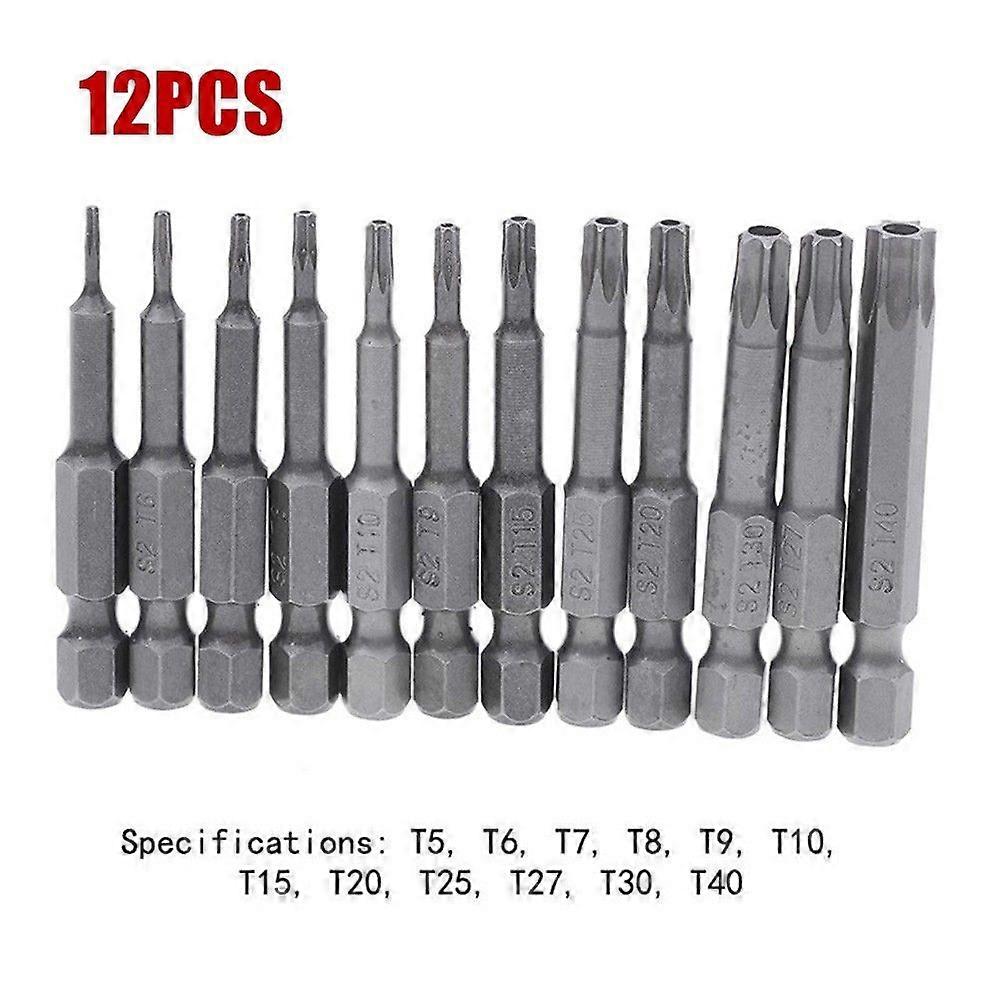 12Pcs 50mm Security Tamper Proof Screwdriver Bits Set 1/4" Hex Shank Magnetic Torx Screwdriver Bit T5-T40