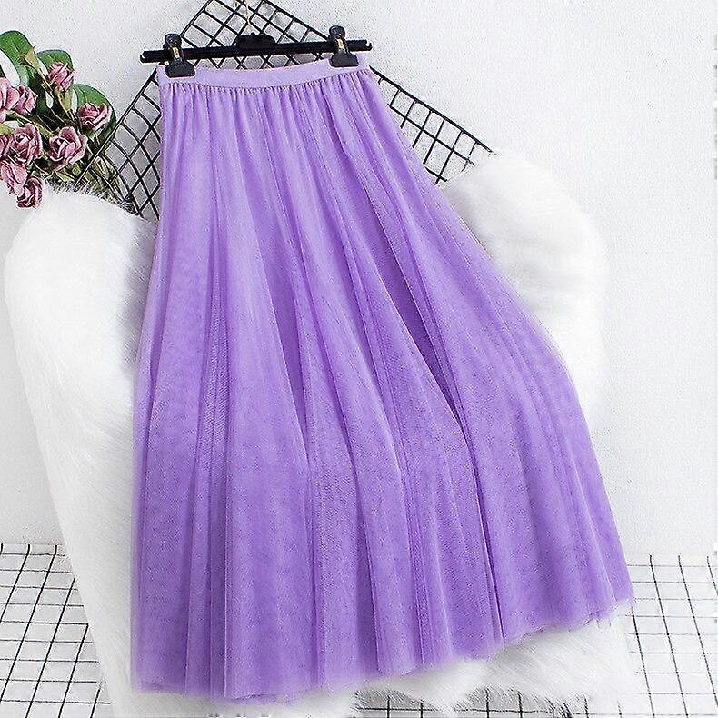 Women Solid High Waisted Skirt Many Colors Mesh Tulle A-line Midi Skirt With Lining for Spring Summer