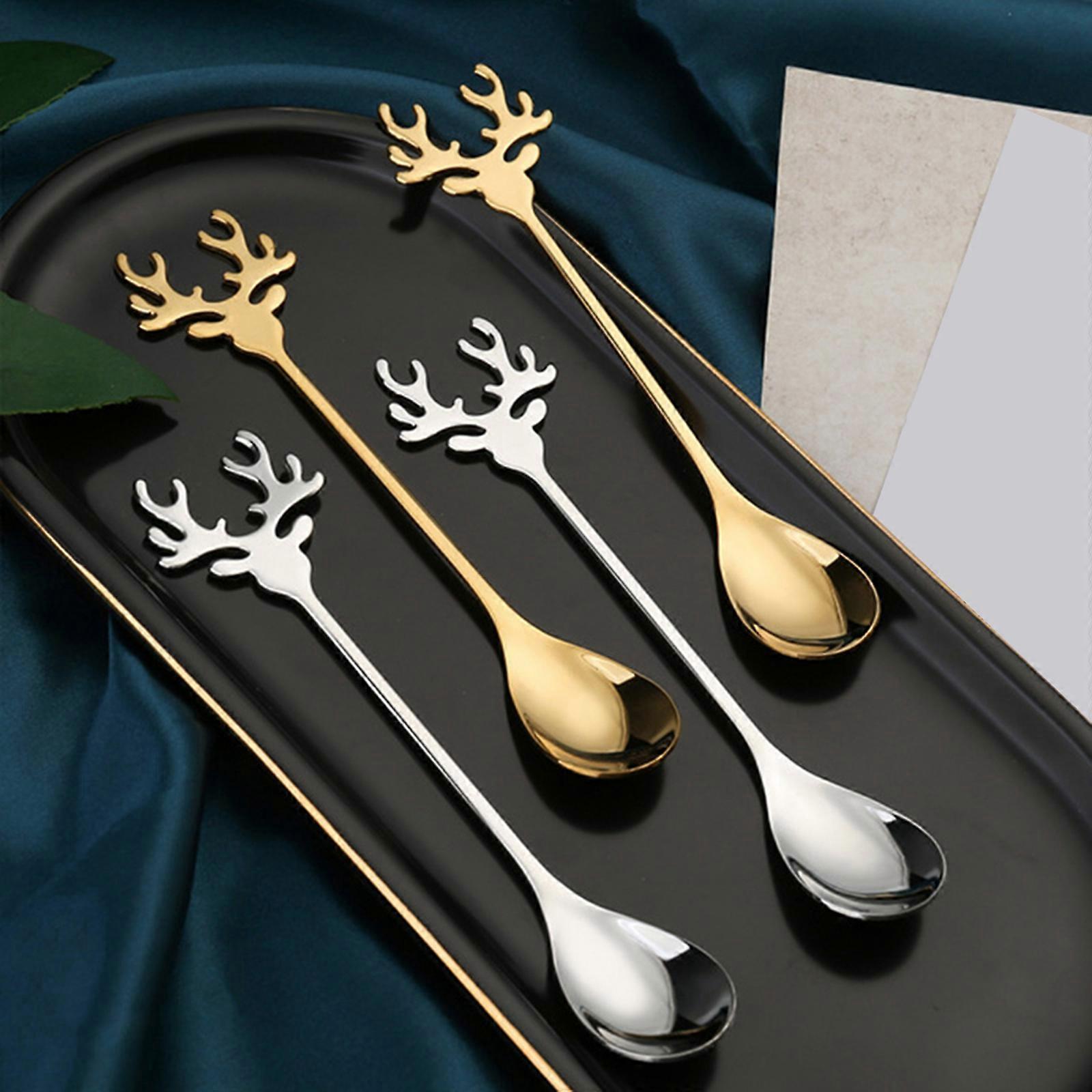 لطيف الأيائل شكل ملعقة قهوة مقبض طويل التحريك ملاعق الفولاذ المقاوم للصدأ ملعقة صغيرة حلوى وجبات خفيفة ملعقة غسالة صحون آمنة اللون الحقيقي