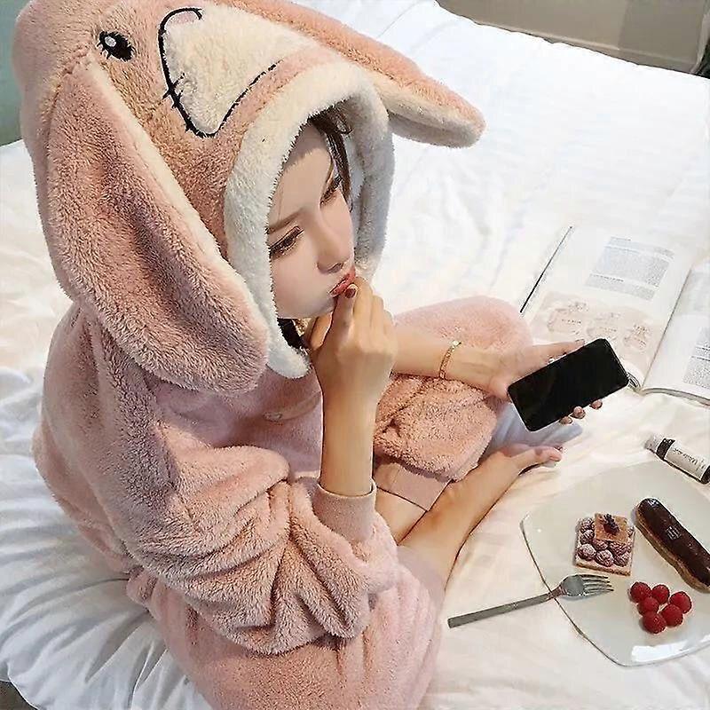 Autumn Winter Warm Pajamas Set Casual Homewear Pijama Set Thickened Flannel Velvet Cartoon Rabbit Hooded Loose Pajamas Sets