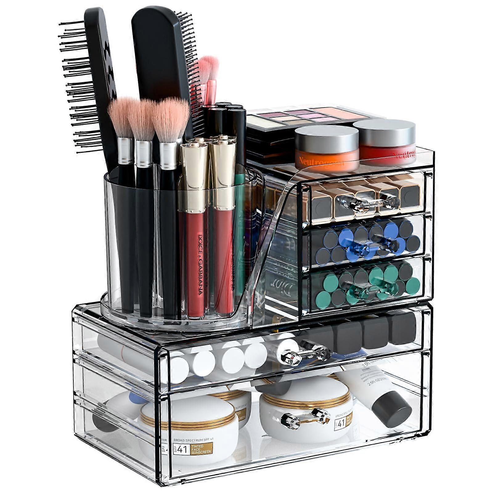 Rotating Brush Holder Makeup Organizer with 5 Drawers for Cosmetics, Bathroom, and Skincare Storage in Cute Design