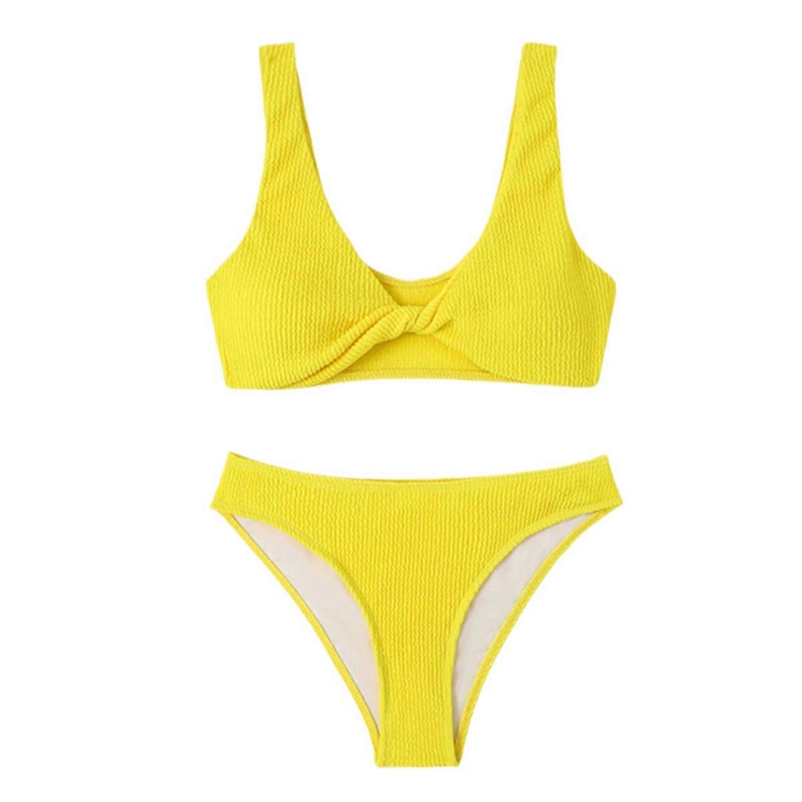 Femmes Push Up Taille Basse Maillot De Bain Ensemble Dames Avant Noeud Maillots De Bain Taille Basse Maillots De Bain Push Up Pour Les Fêtes De La Plage Jaune XL