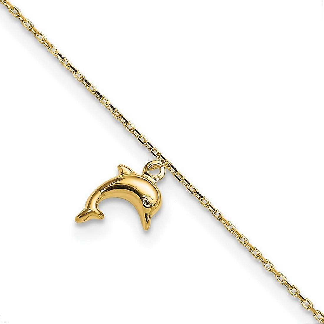 14k Yellow Gold Polished Spring-Ring Dolphin Charm With 1 Inch Extension Anklet-Anklet for Women