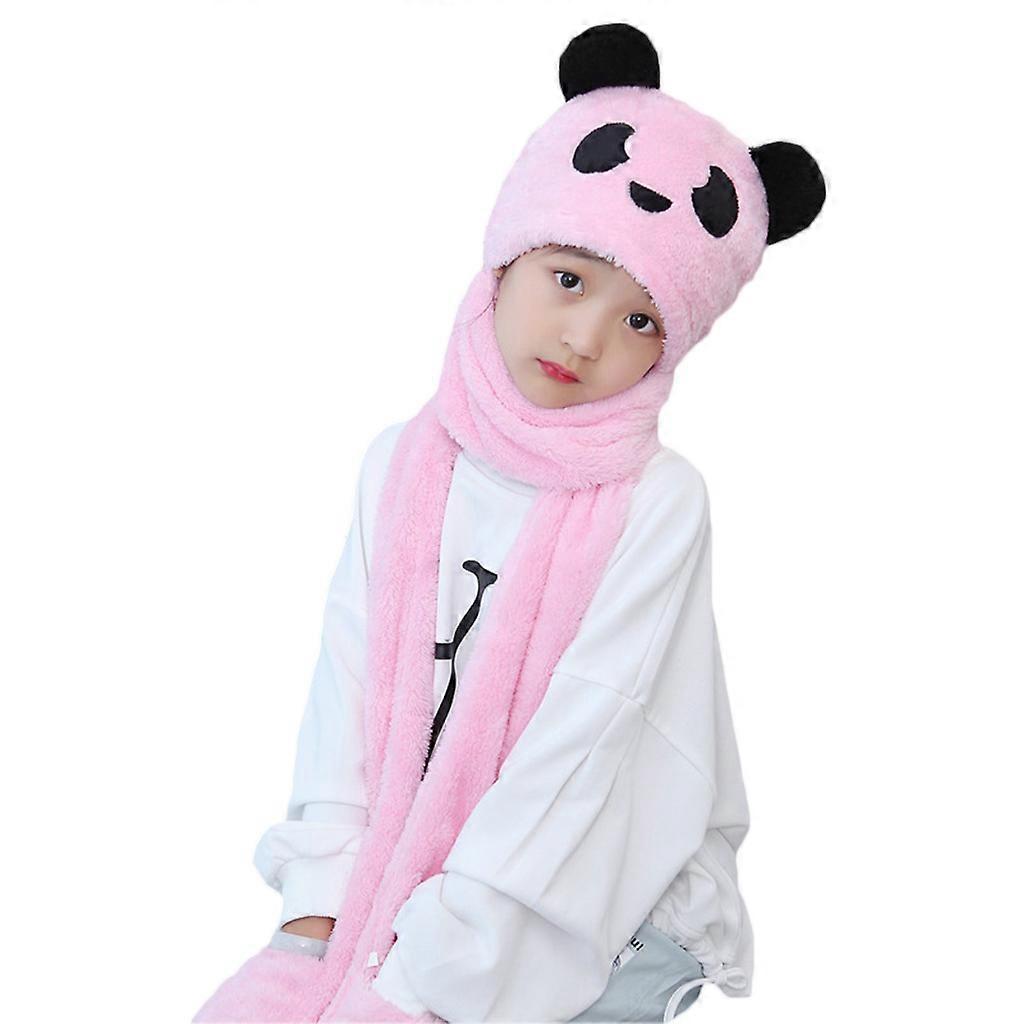 Ensemble 3 en 1 : bonnet, écharpe, gants et moufles en fausse fourrure, motif oreilles de panda, châle long à capuche pour enfants, rose pâle, taille S.