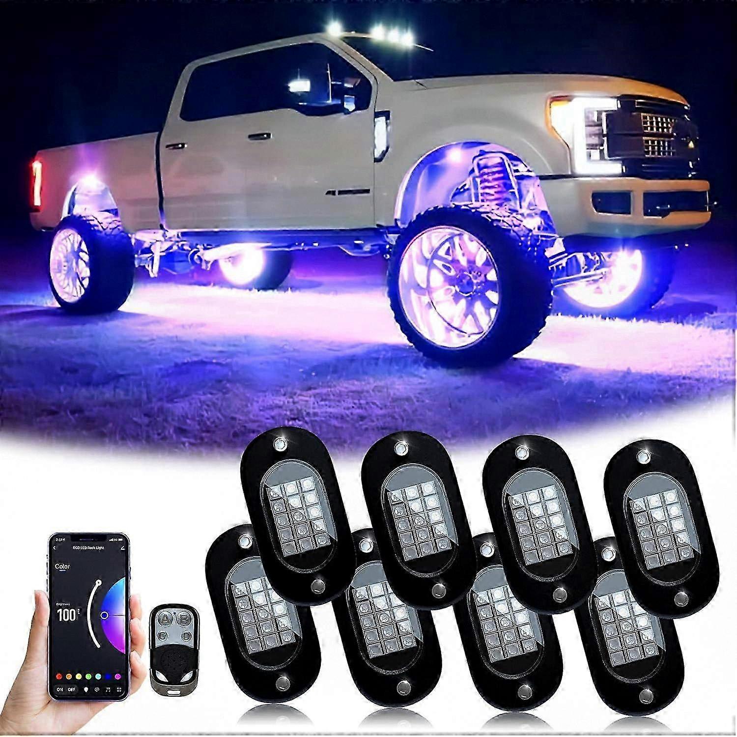 أضواء صخرية RGB LED للشاحنات ، 8 كبسولات مع تطبيق / جهاز تحكم عن بعد ووضع الموسيقى ، نظام إضاءة صخري IP68 مقاوم للماء متعدد الألوان عالي السطوع