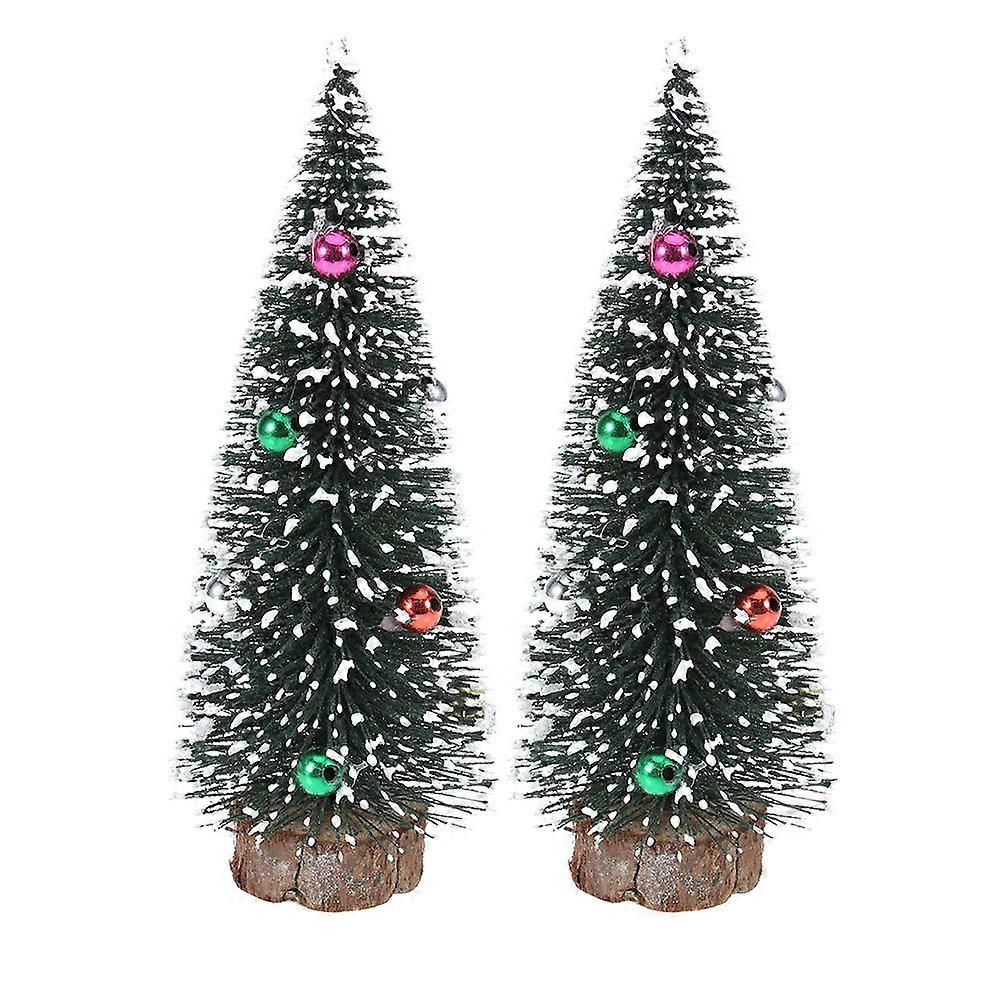 Christmas Tree Desktop Decoration Flocked Beads Miniature Pine Trees 15cm Dark Green 2Pcs