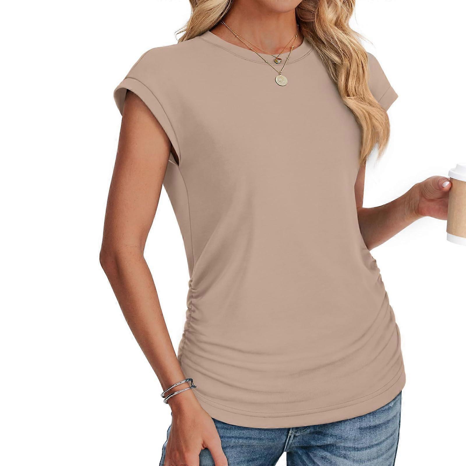 Women's Round Neck Short Sleeved T-Shirt with Ruffled Design and Side Gathering, Casual Tunic in Various Colors