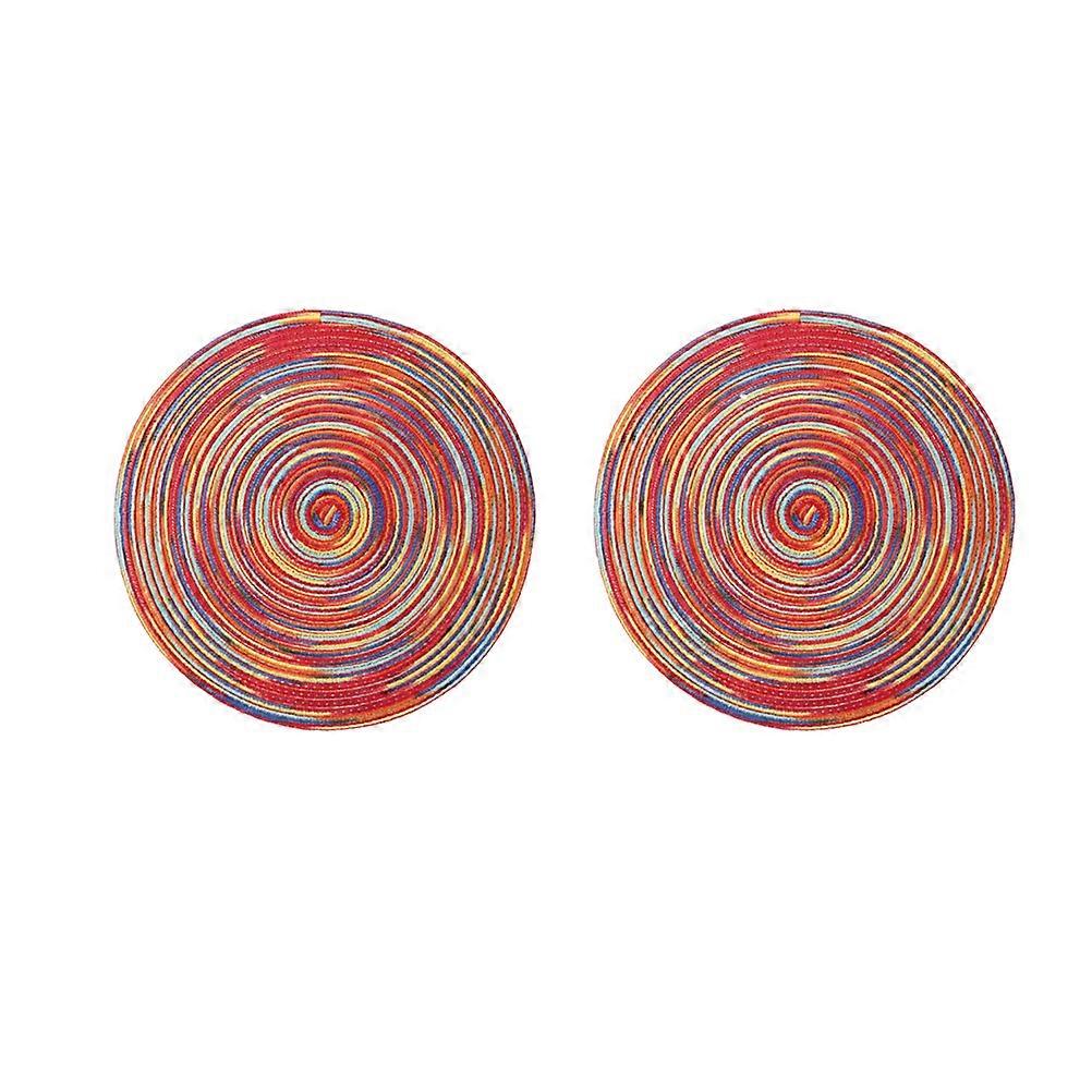 Placemats Cotton Red Round Heat Resistant Hand-woven Cotton Thread Table Mat for Home 2Pcs