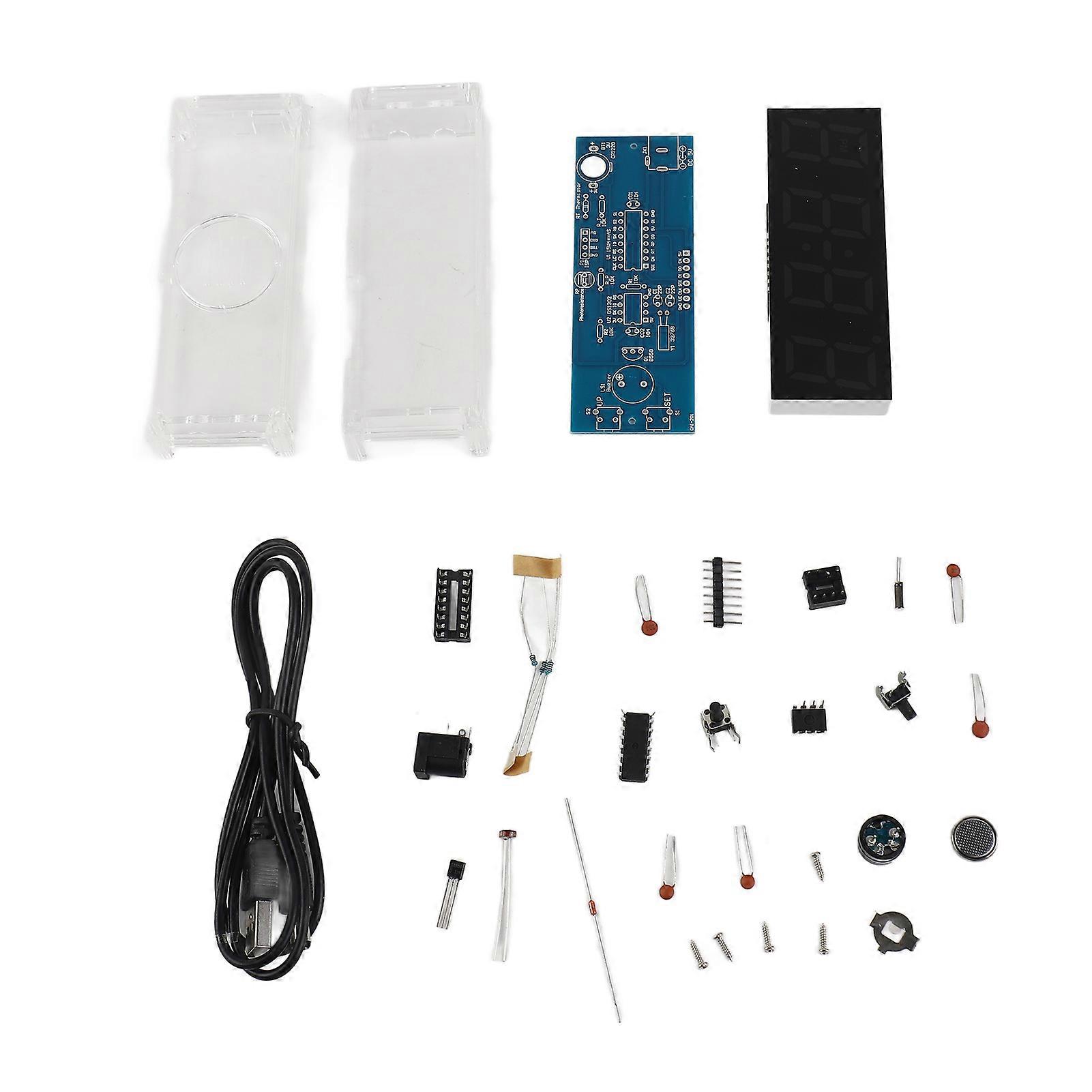 Compact 4 Digit Digital LED Clock Kit Light Control Temperature Date Time Display with Transparent Case