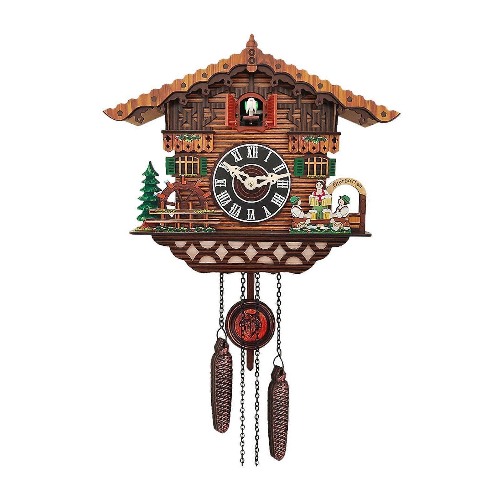 Wooden Retro Cuckoo Clock Wall Clock with Windchime, Farmhouse Style, Houseboat Design, Black and Brown Finish