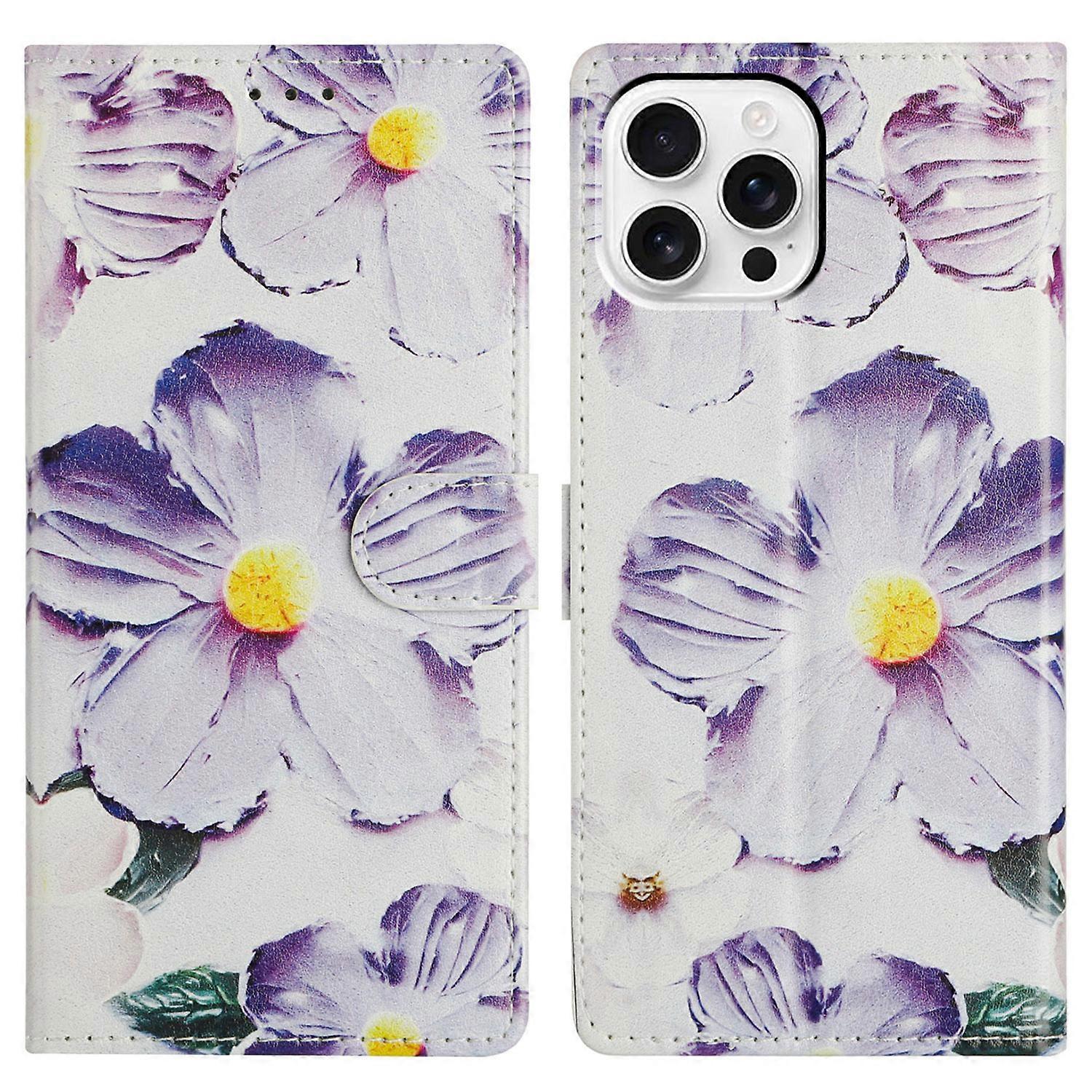 غطاء حافظات لهاتف iPhone 16 Pro Max Wallet غطاء هاتف جلد PU مع حامل بطاقة حامل تصميم مطلي - زهرة أرجوانية