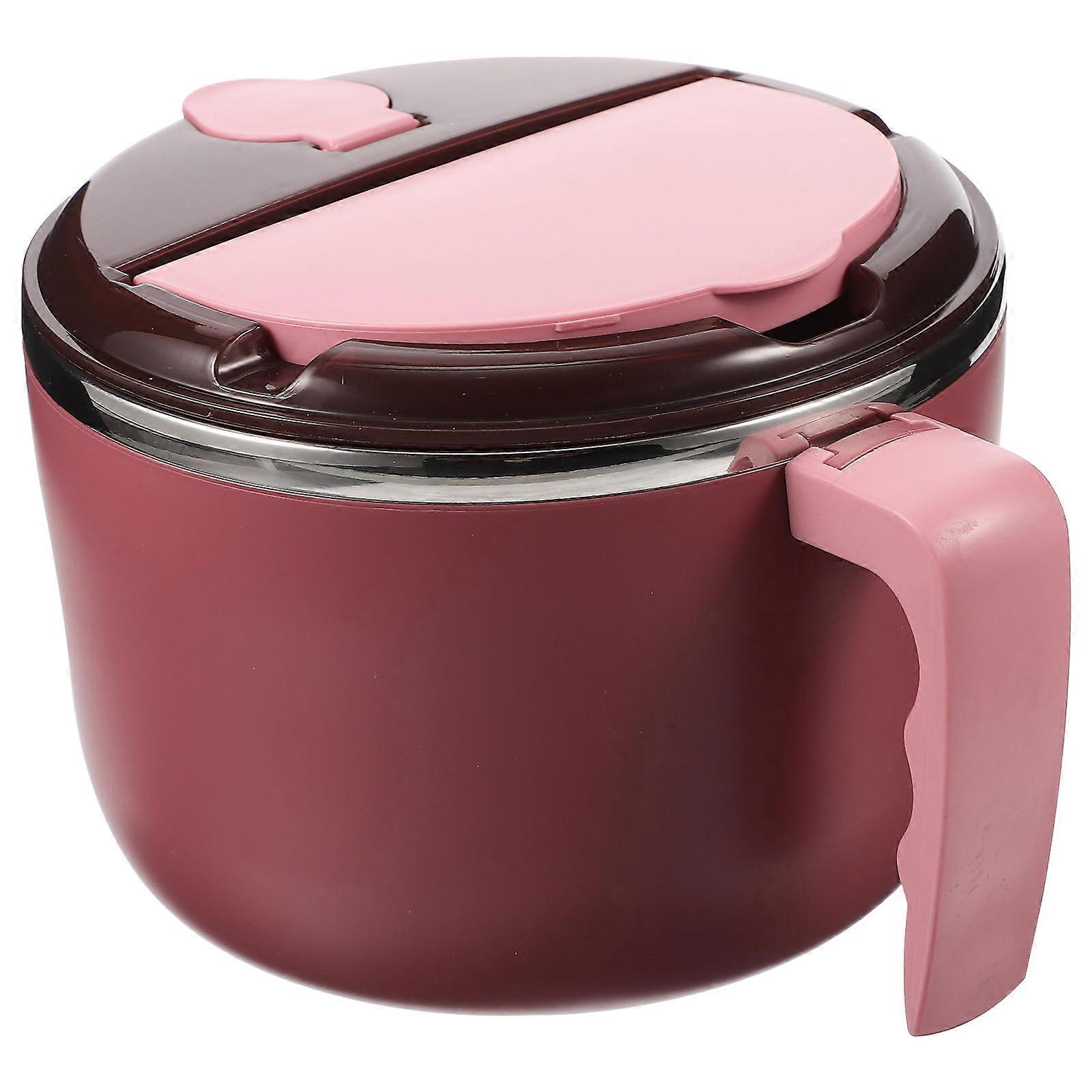 Pink Insulated Noodle Bowl with Cover and Handle for Home Use Made of Stainless Steel and PP 1 Set