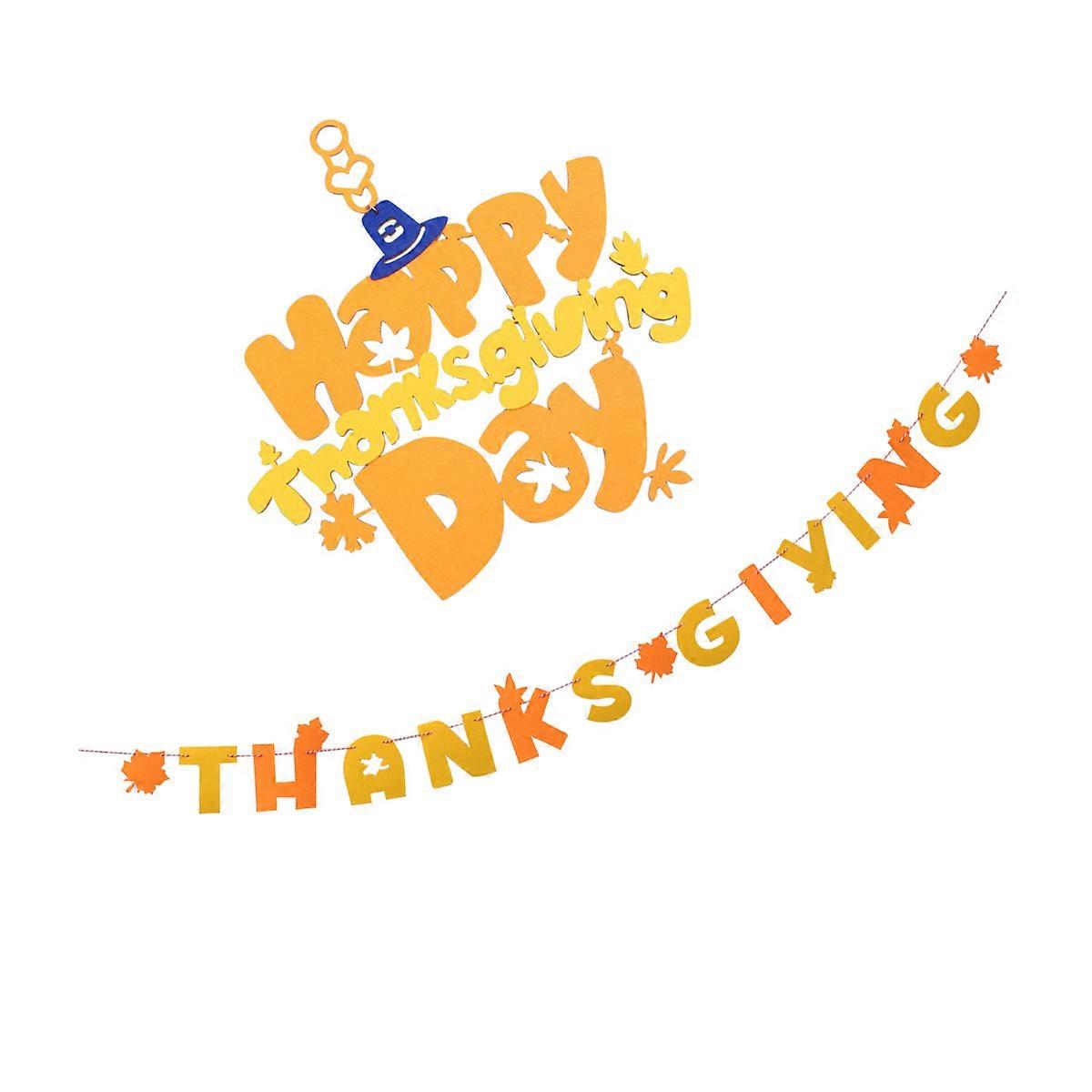 Thanksgiving Bunting Banner Set Party Decoration Triangular Flags Orange 35 x 28 x 0.2 Cm Flocking Fabric 2Pcs