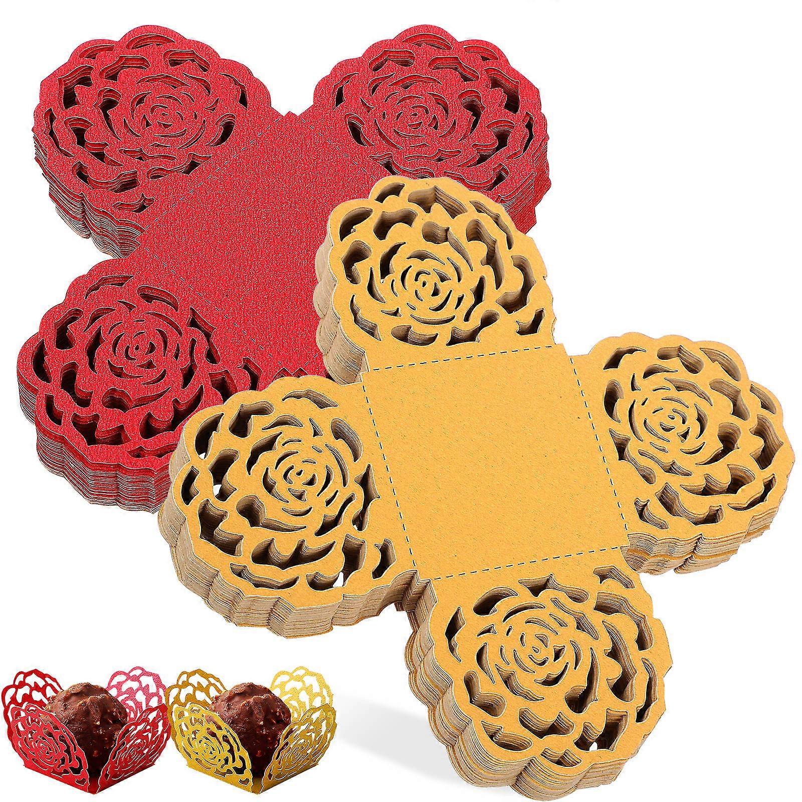 Hollow Out Rose Chocolate Candy Cups 100pcs Food Grade Paper Truffle Wrappers for Weddings, Parties & Dessert Decorations Gold & Red Cake Wrappers