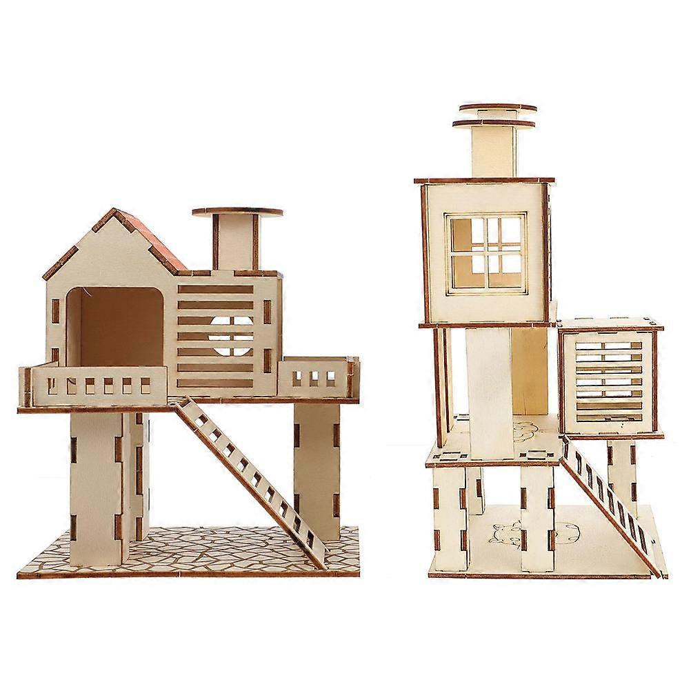 Hamster Habitat 2Pcs Creative Pet Villas Ideal For Indoor Pet Use Assorted Color Made From Durable Wood