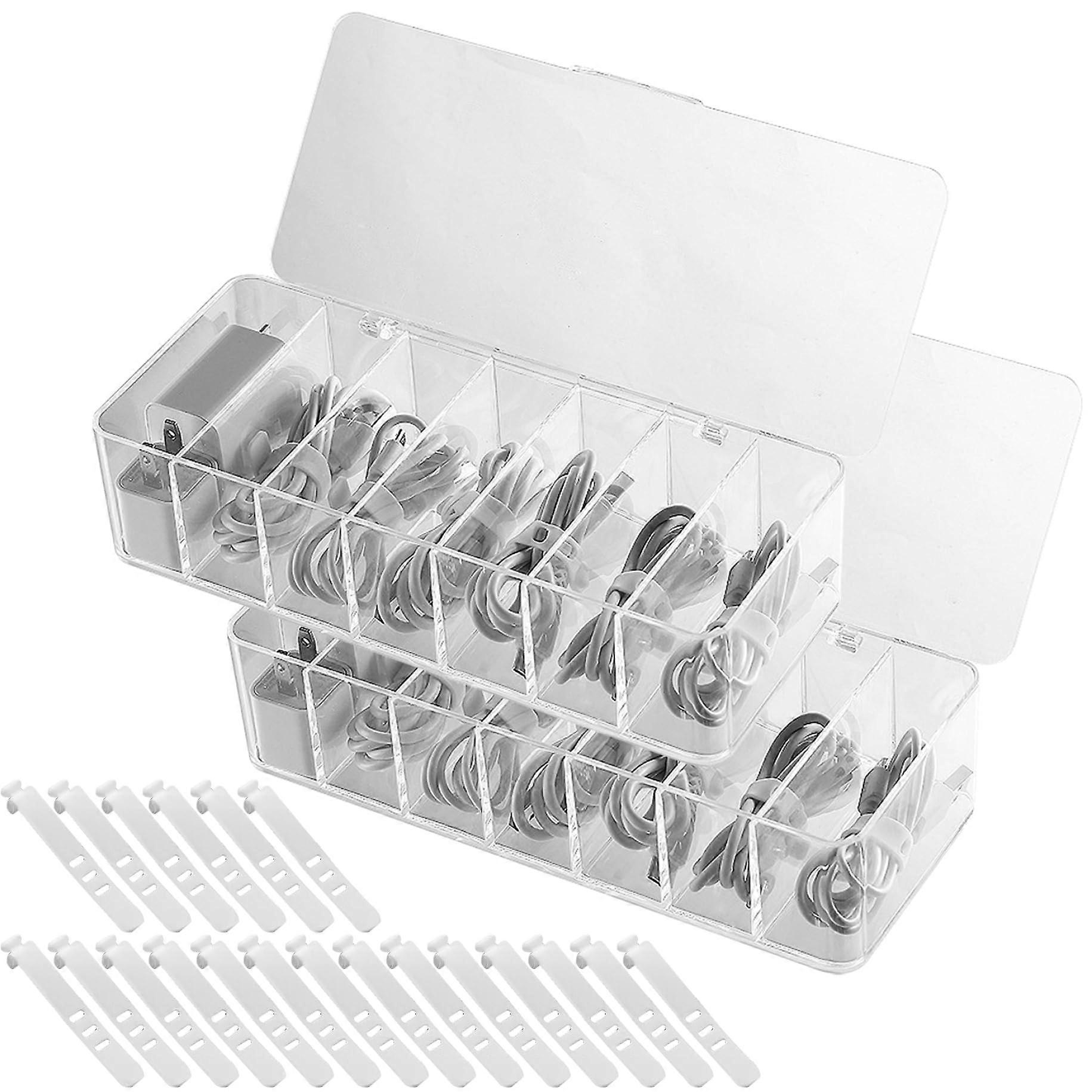 2piece cable organizer box with 20 cable ties, dustproof storage with lid, 7 compartments