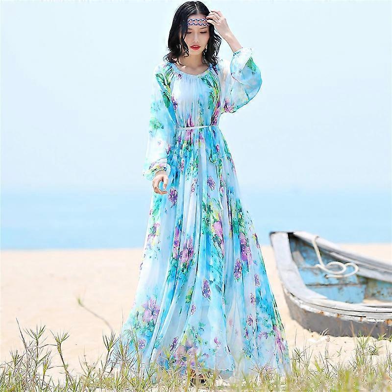 blue maxi dress ruffle Poodle Print Maxi Dress with Ruffles Light Blue