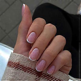 24 Stück kurzer runder falscher Nagel Eleganter künstlicher Nagel French Tip Stick On Nagel Glitzernder Druck auf Nagel für Frau