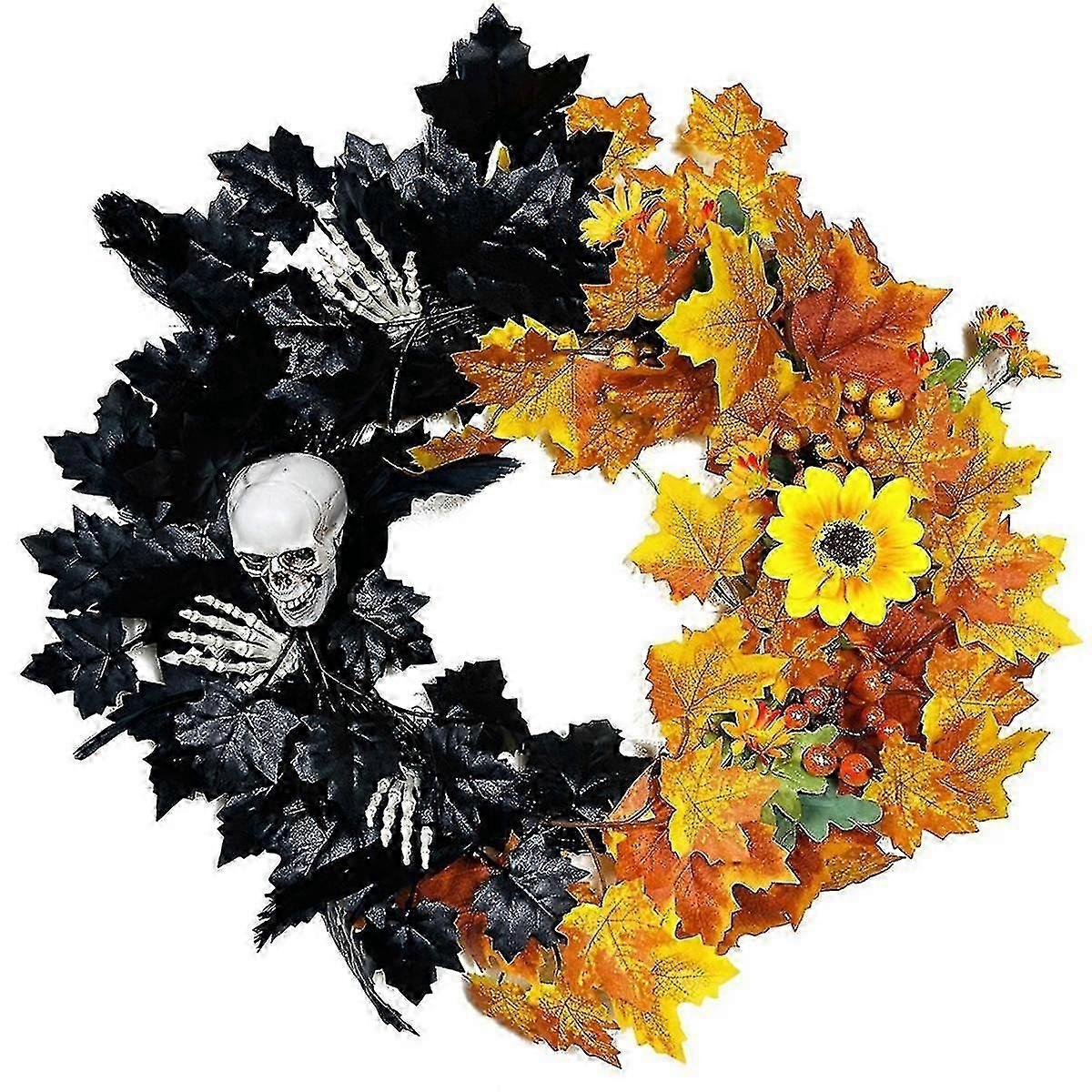 Halloween Wreaths For Front Door Skull Halloween Wreath With Blacklight Bats And Maple Leaves Halloween Decorations