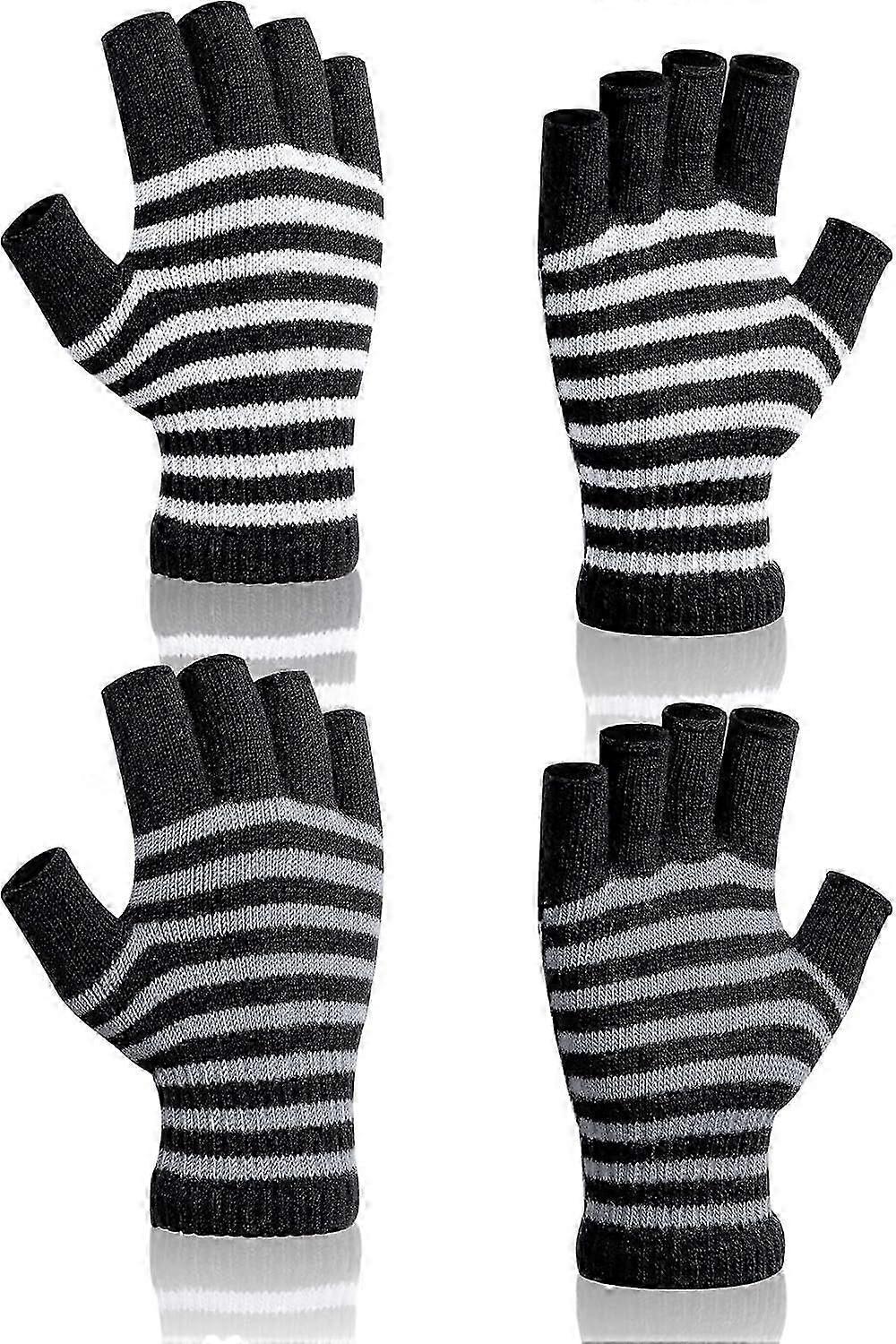 2 pairs of fingerless striped gloves, women's men's unisex winter warm