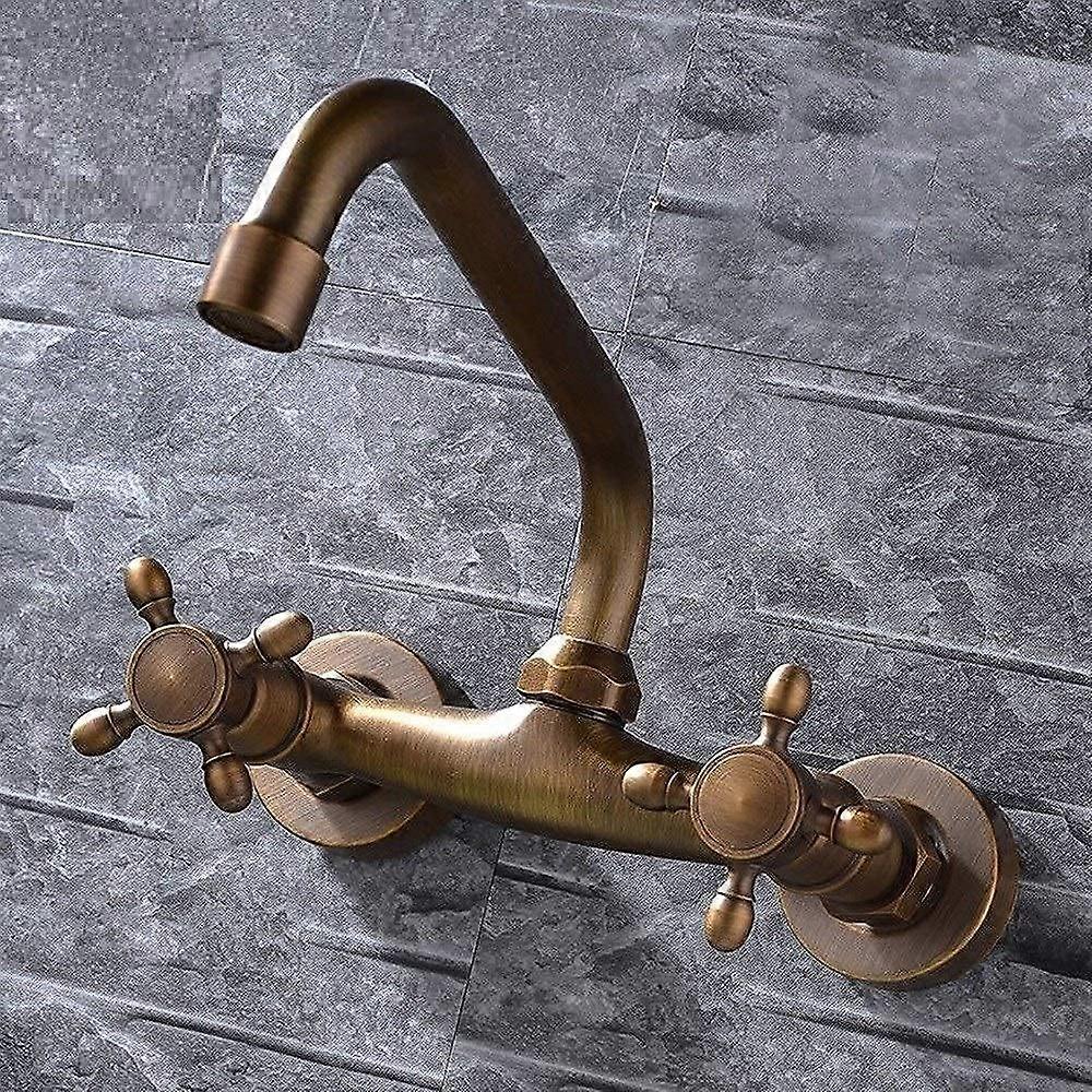 Faucets TwoHandle WallMount Brass Bathroom Sink Faucet, LongCurve Spout, Vessel Sink Compatibility, Bronze Finish