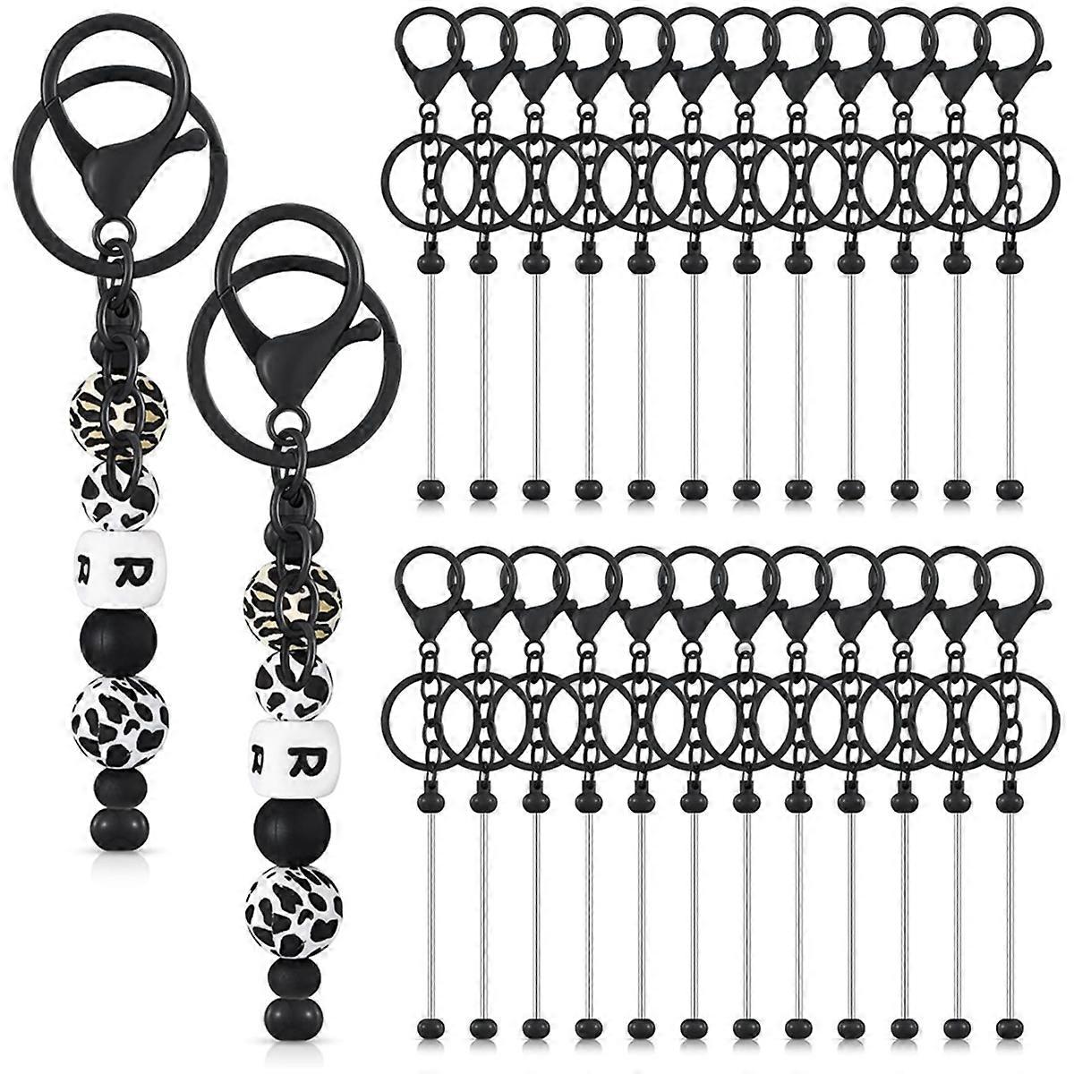 24 Pcs Beadable Keychain Bars Bulk for Beads DIY Blank Keychain Metal Beaded Keychain for Bead Keychain Crafts Black
