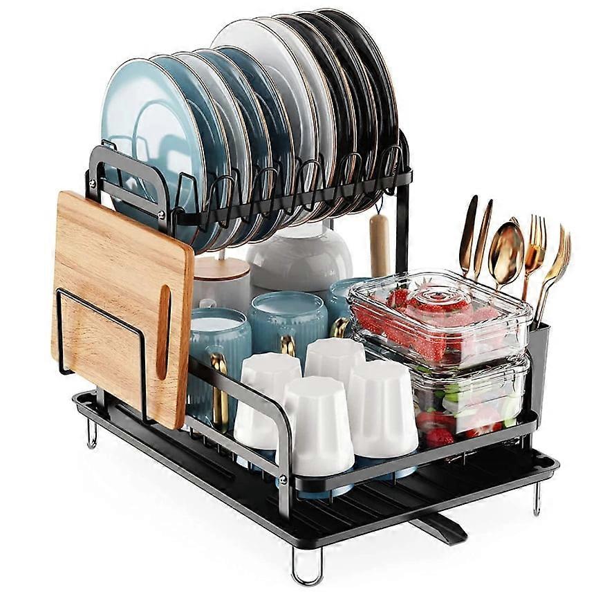 2-Tier Dish Drying Rack for Kitchen Counter Space Saving Rustproof Dish Rack with Drainboard Detachable Kitchen Drainer Organizer Set