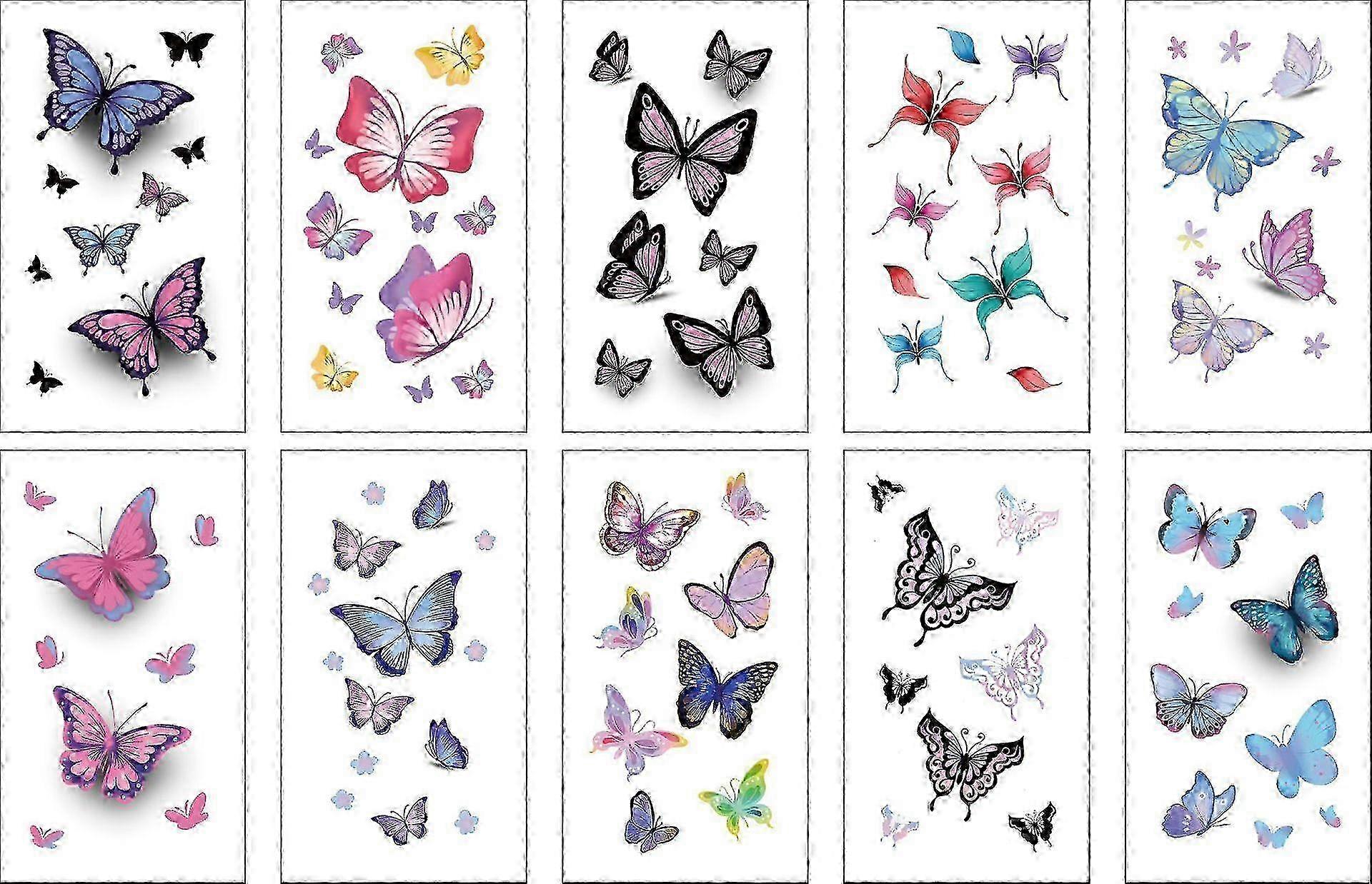Dww-Un ensemble de 10 pices d'autocollants de tatouage papillon 3D, de jolis autocollants de tatouage temporaires