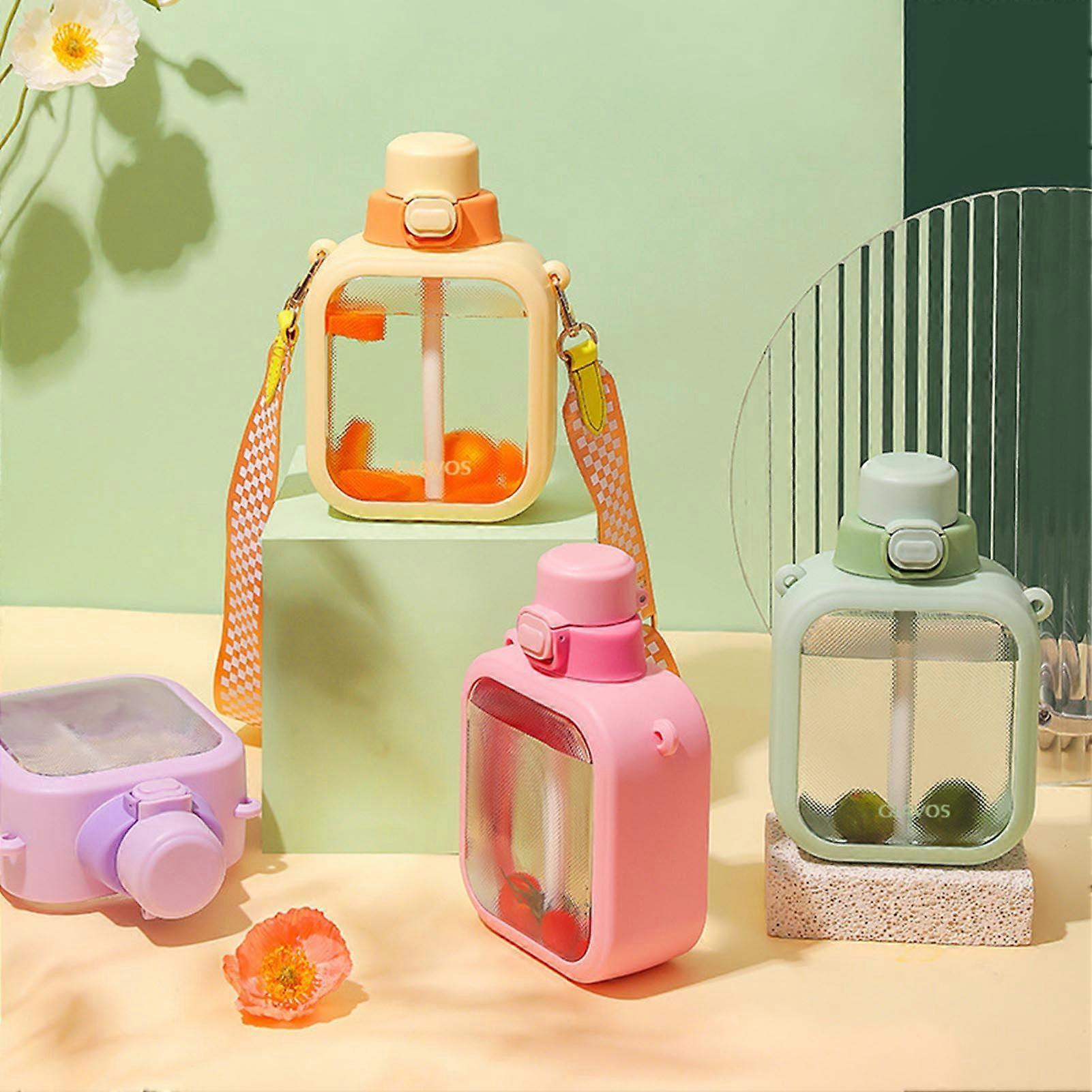 Hesroicy 1 Set 700ml Square Kettle Bouncing Lid Drink Water Juice Beverage Straw Bottle for Student