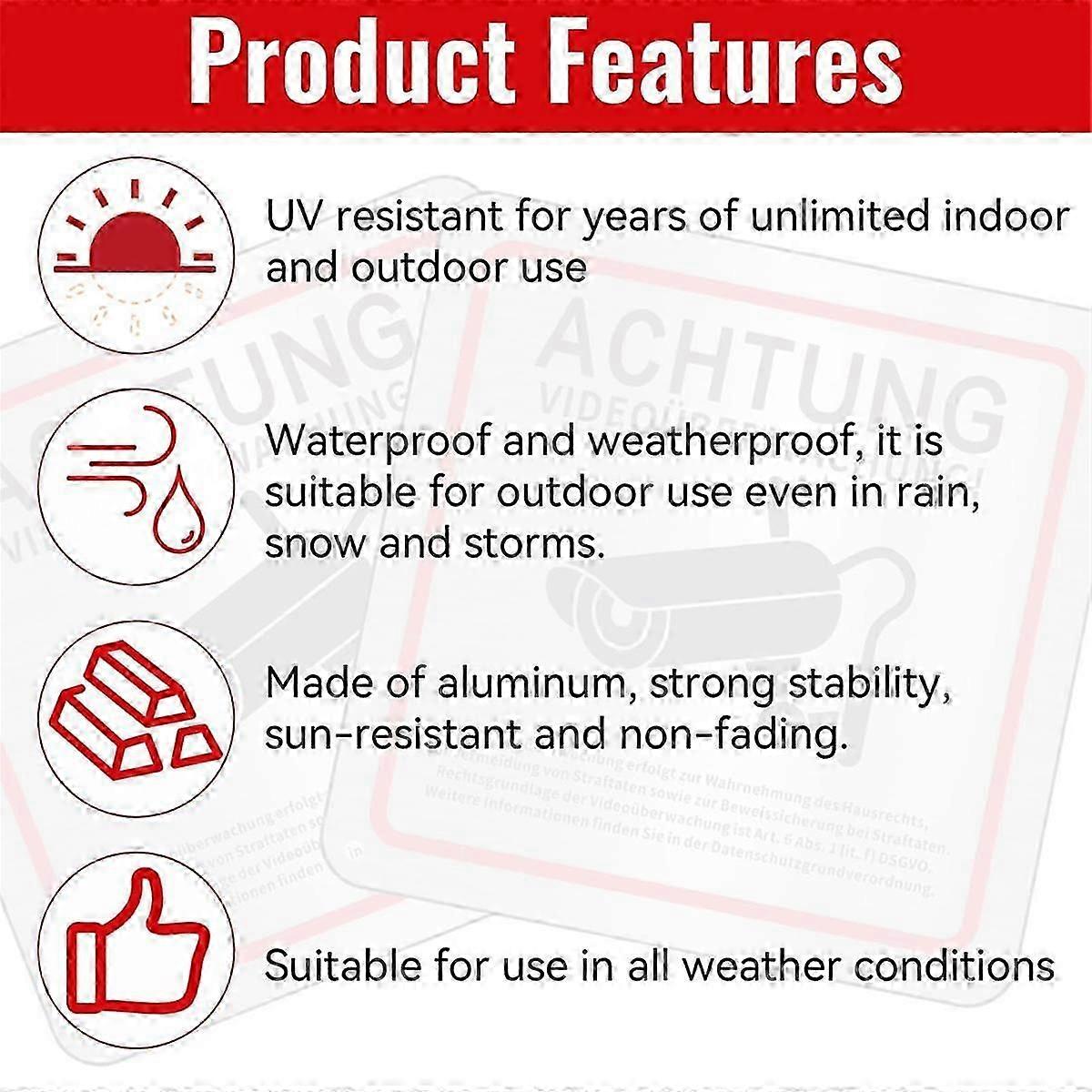ビデオ監視標識、ビデオ監視私有地、15 x 15 cm 金属製警告ビデオ監視標識 4個パック