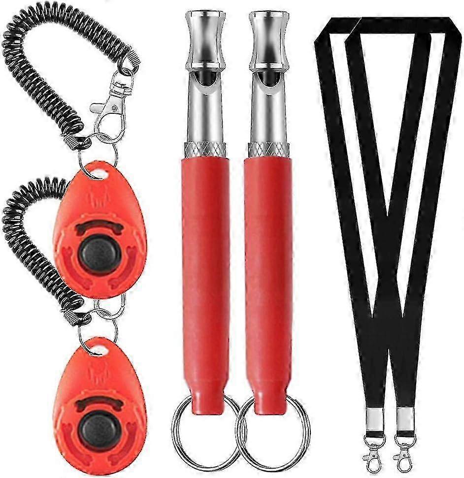 2 Dog Clicker Ratchets, Whistle to Stop Barking Pet Training, Tools with Wrist Strap and Lanyard (Red)