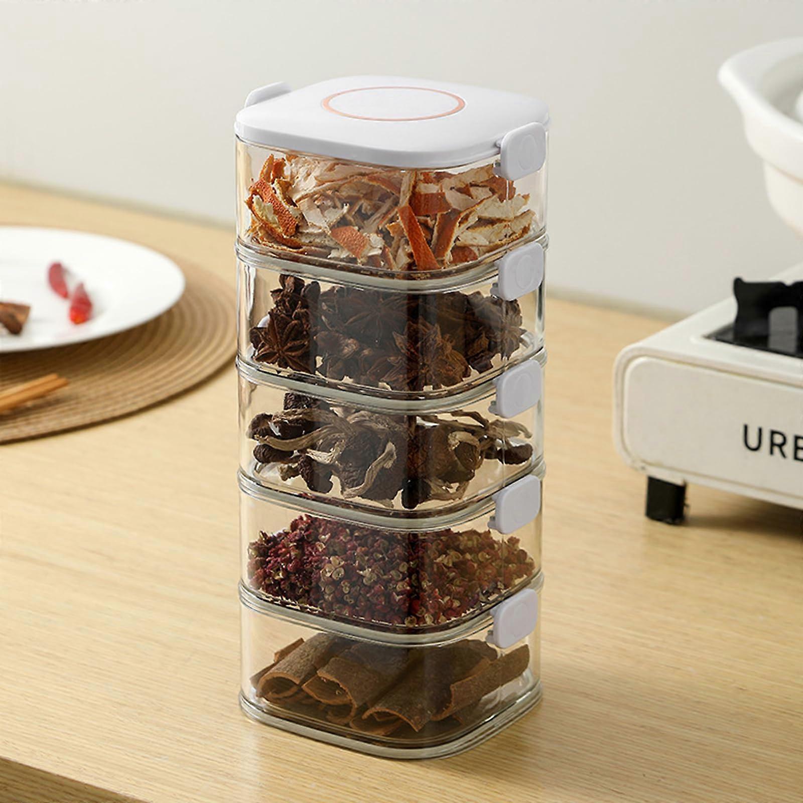 Spice Storage Container with Airtight SideLocking Lid, Clear 5Compartment Stackable Organizer for Kitchen Herbs and Snacks