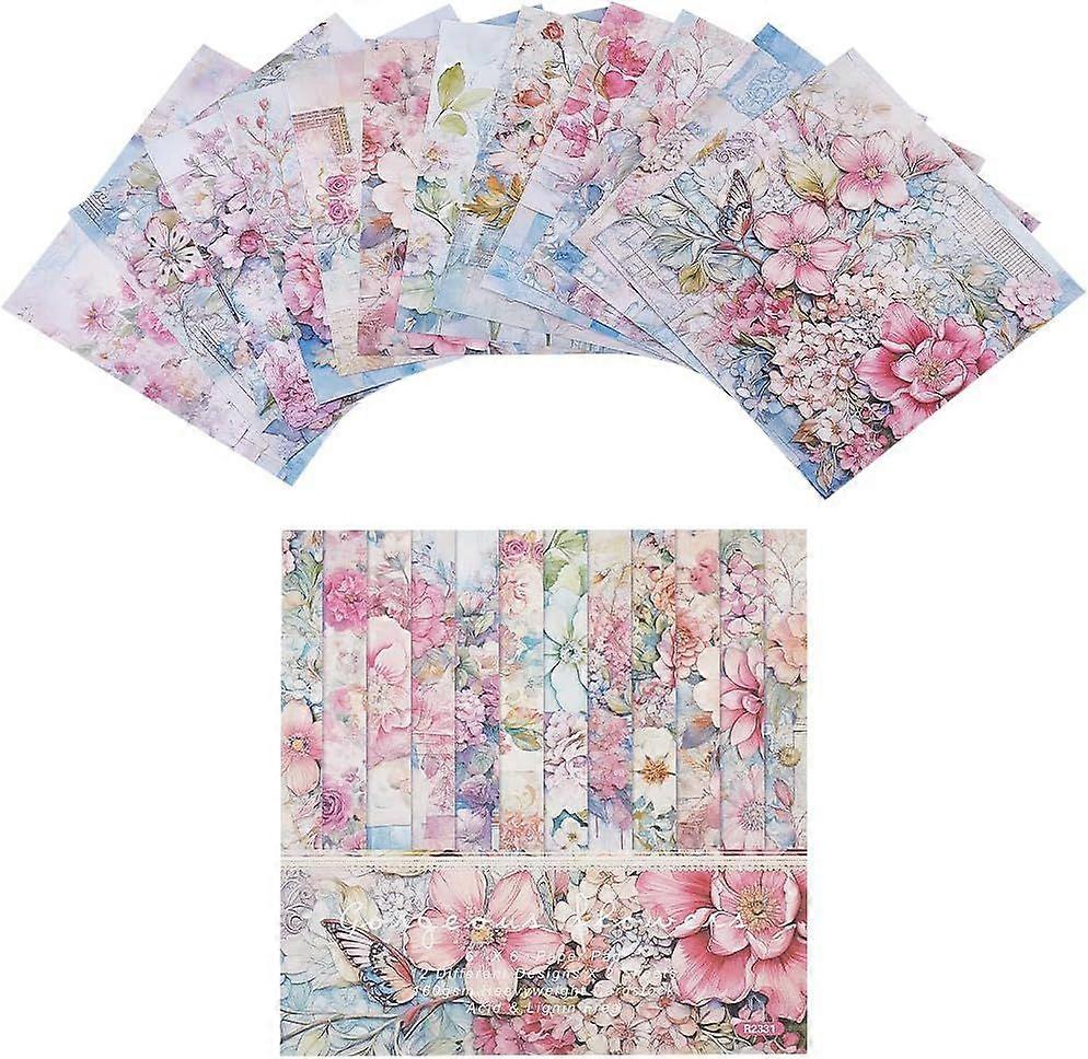 24Pcs 12 Styles Floral Scrapbook Paper Pads 15x15cm Spring Flowers Single-Sided Journaling Decorative Background Paper for DIY Art Crafts Scrapbooking