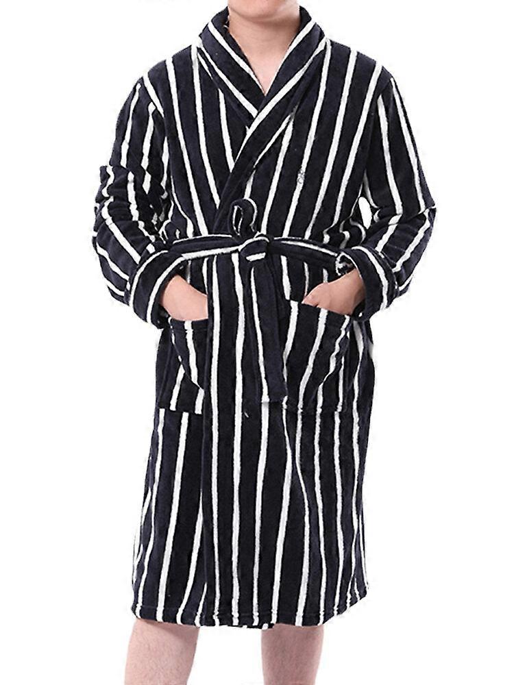 Men Basic Striped Print Flannel Winter Thick Mid-length Home Lounge Robes