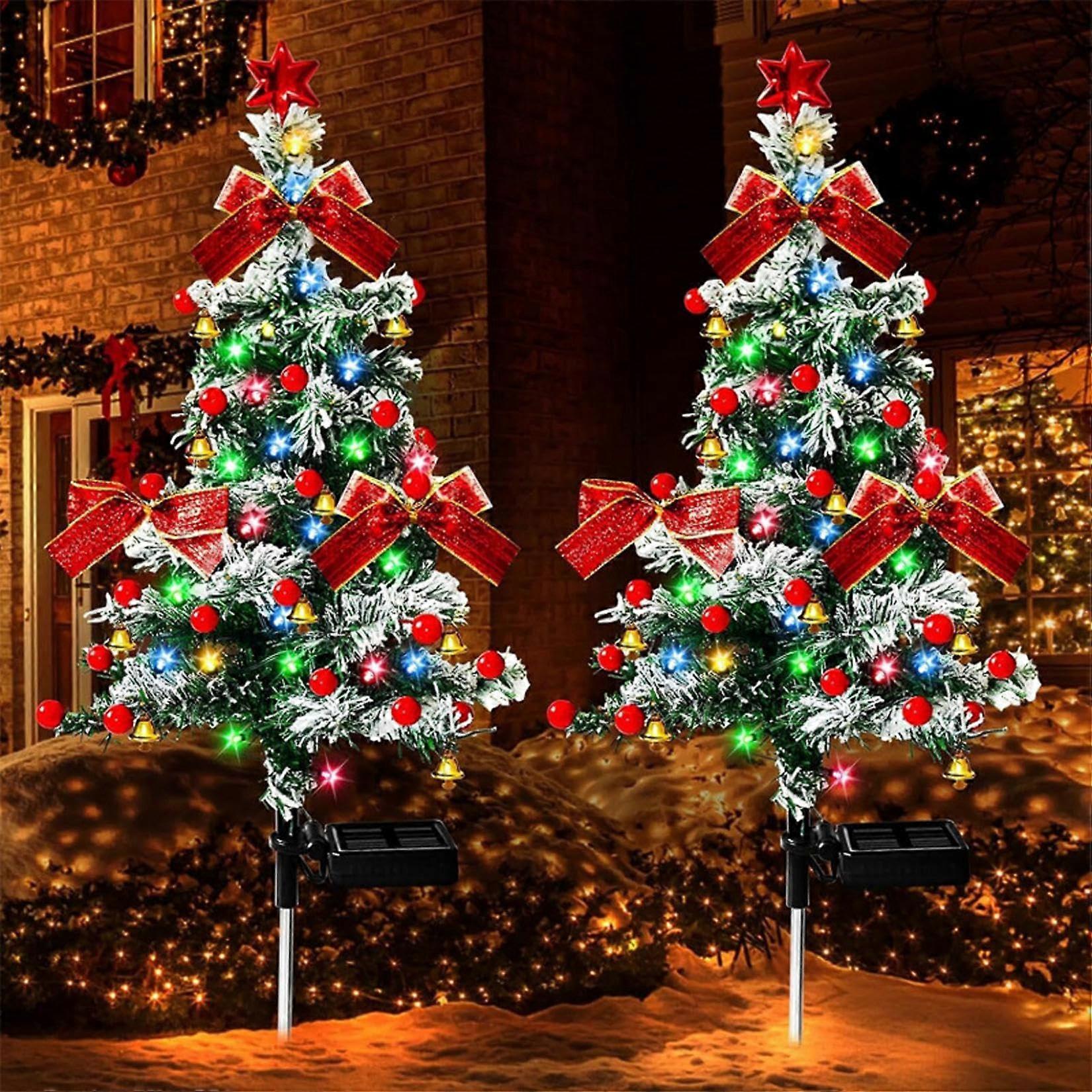 Solar Christmas Tree with LED Lights, Snow Flocked, Weatherproof Prelit for Pathway and Porch