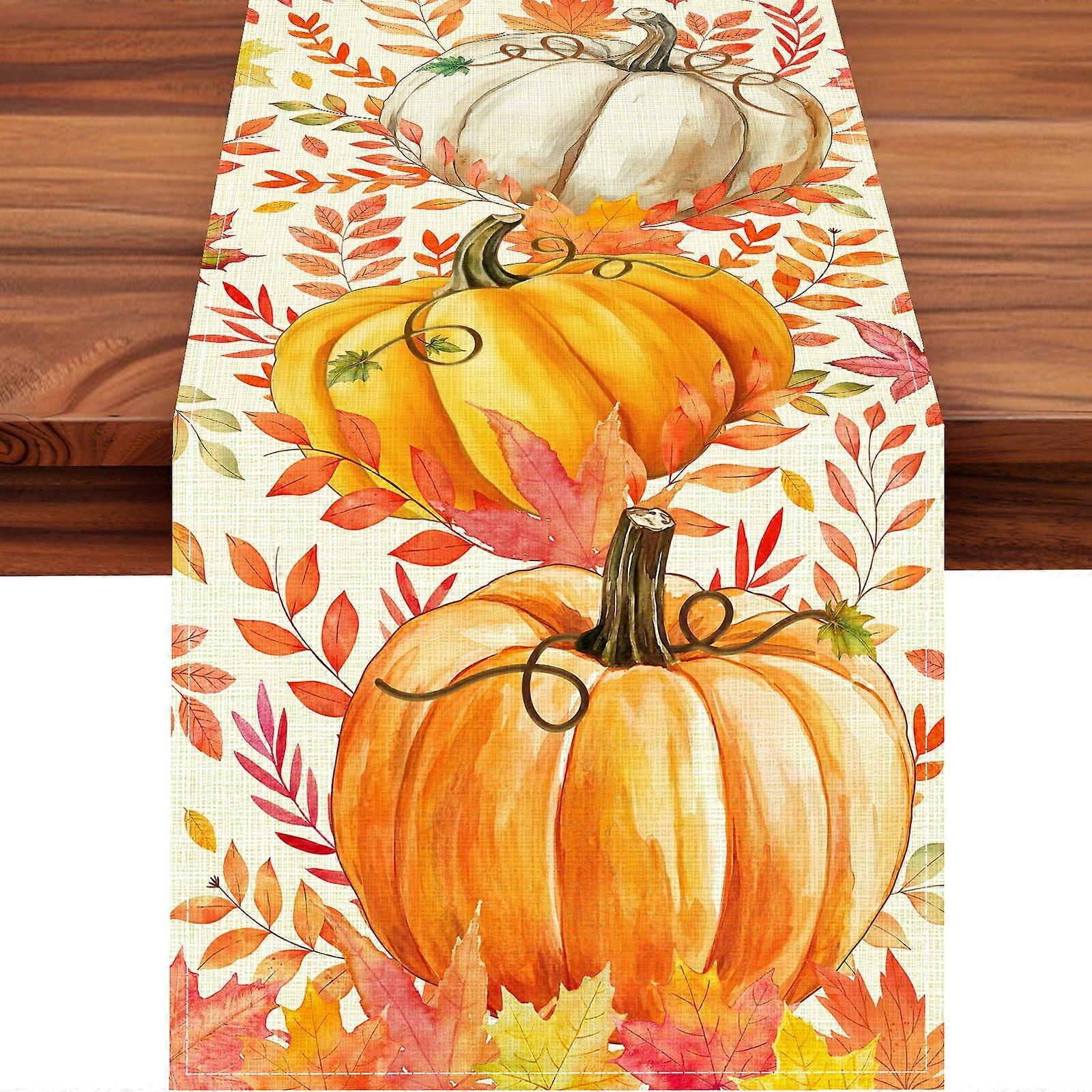 Fall Table Runner with Pumpkins and Maple Leaves, Thanksgiving Polyester 13x72 Inch Table Decor