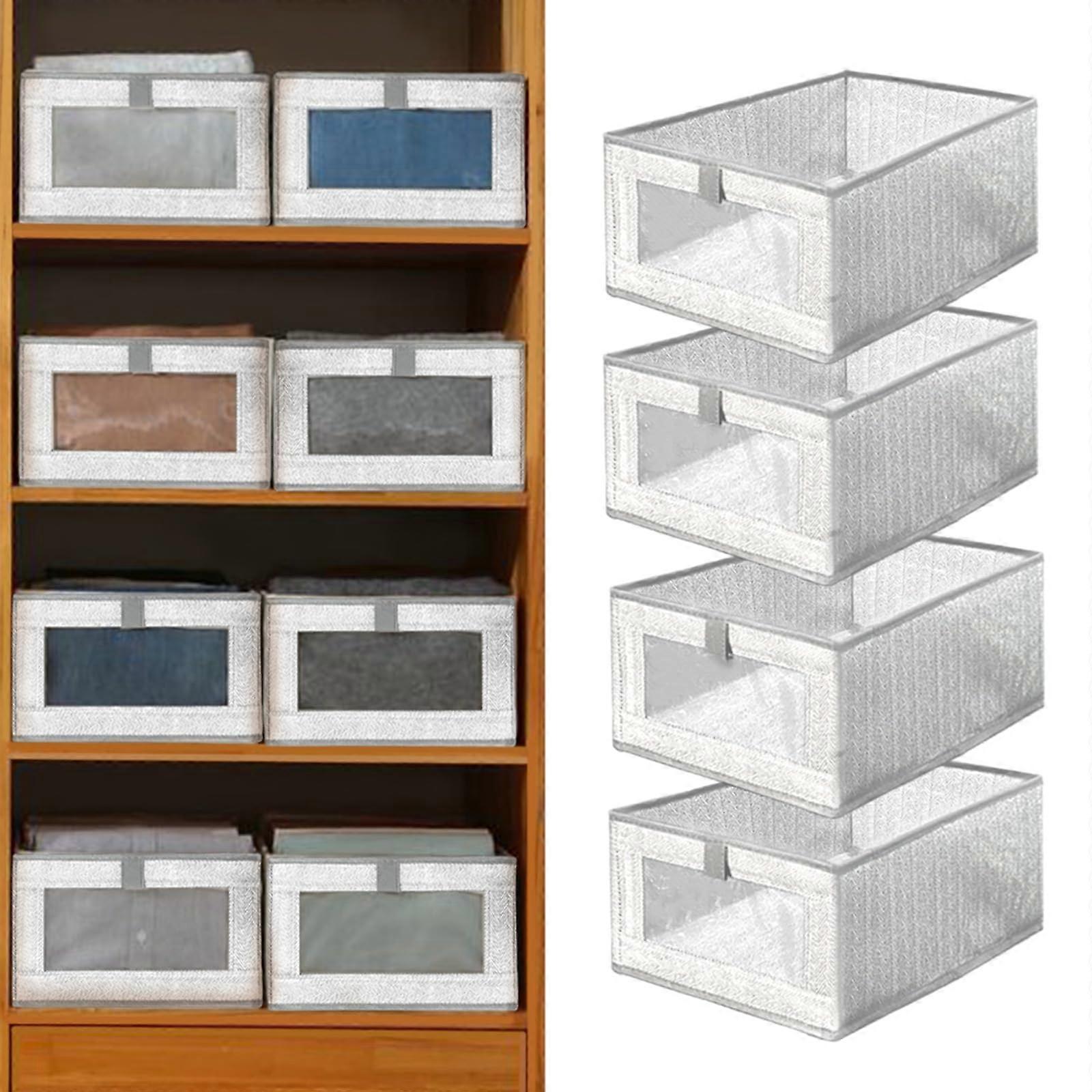 4 Pack Closet Storage Bins with Clear Window, Foldable Fabric Organizer Boxes for Clothes and Toys, Grey Stripe