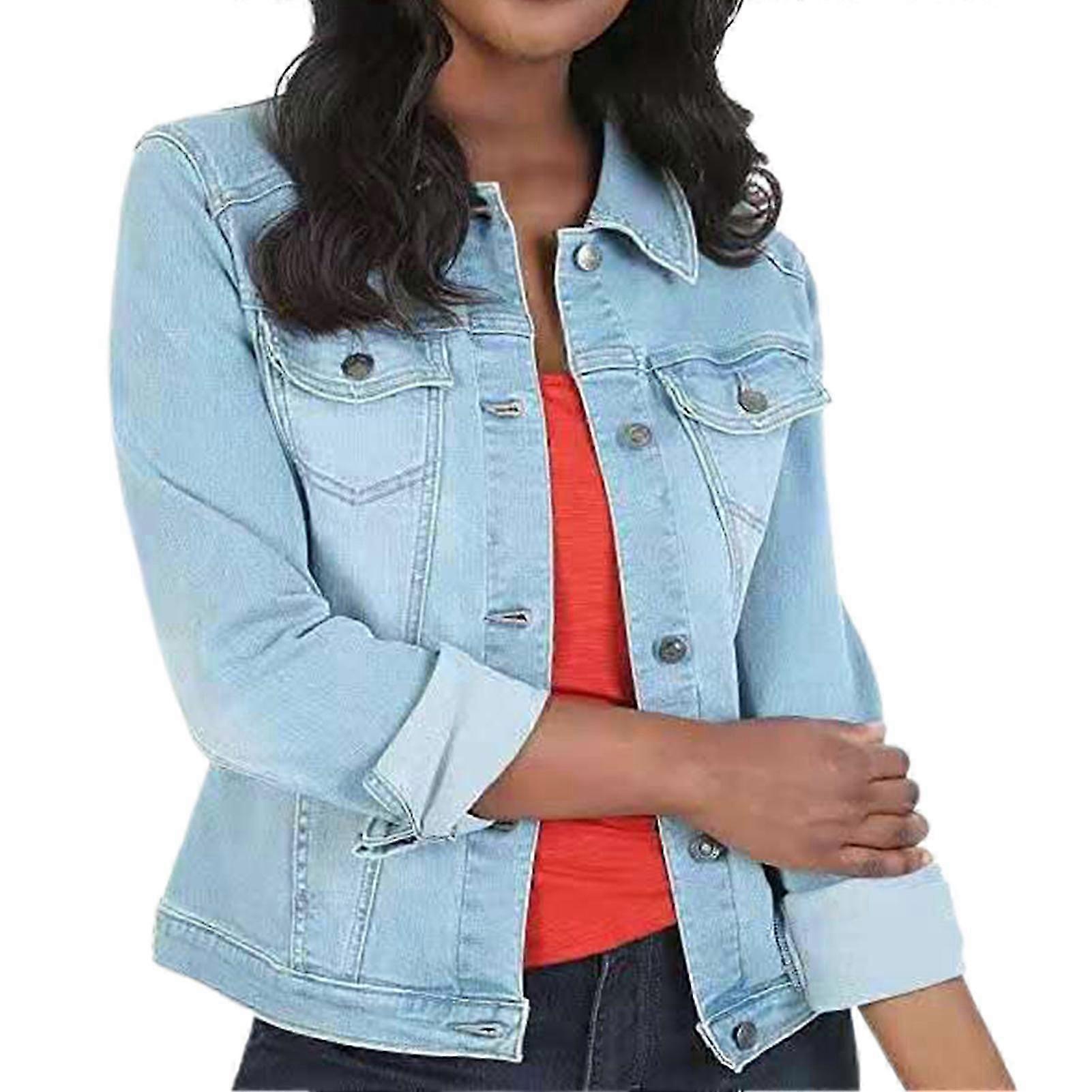 Women's Denim Jacket Basic Button Down Long Sleeve Relaxed Fit Short Coat