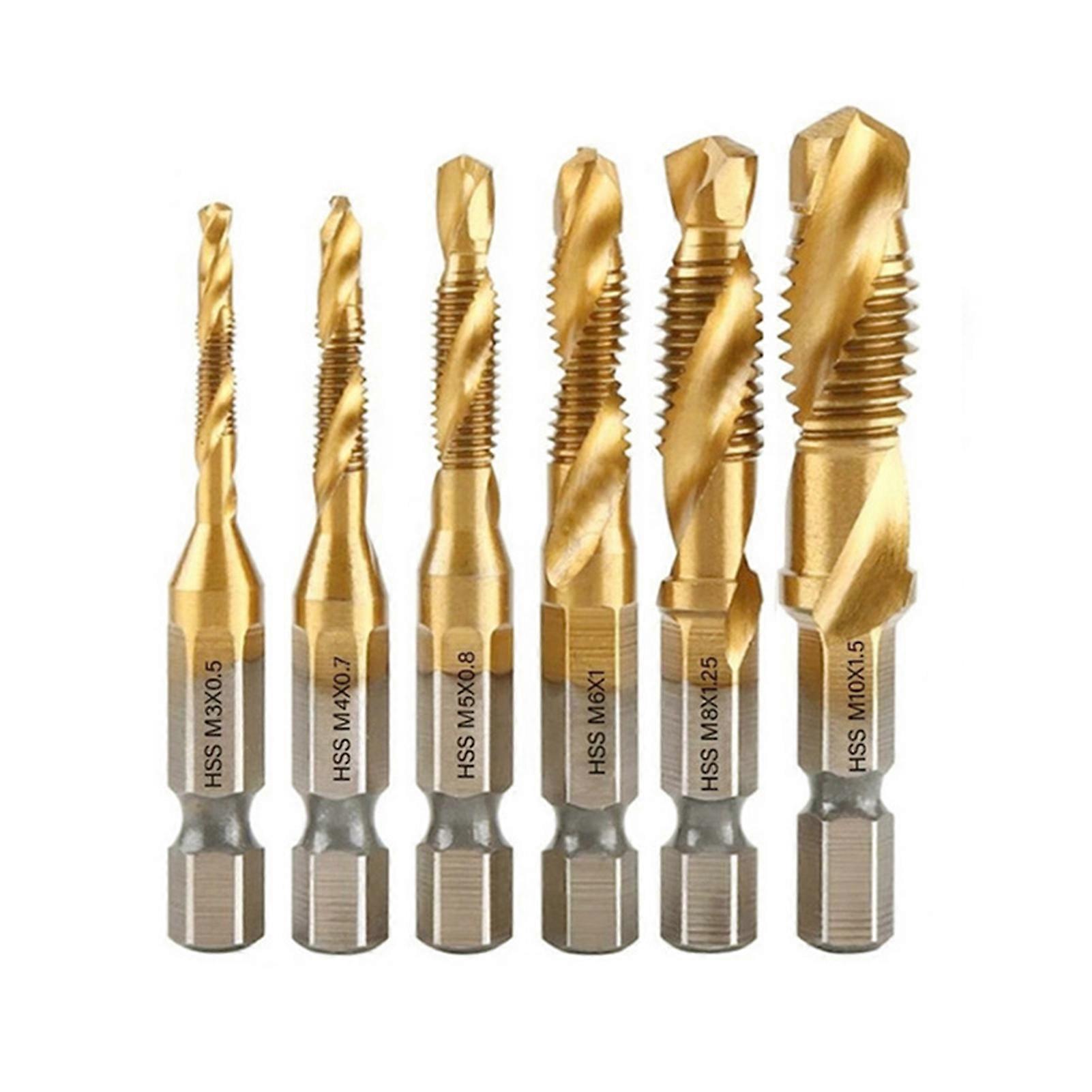 6Pcs Combination Drill Tap Bit Set High Durability Rustproof Spiral Design Wide Application Tapping Bit Tools for Drilling Threading