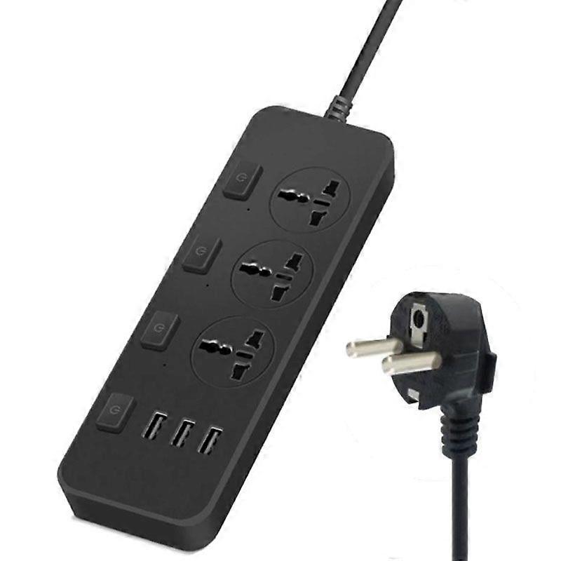 2m 2500W 3 Plugs + 3-USB Ports Multifunctional Socket With Switch, Specification: EU Plug (Black)