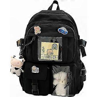 Ästhetischer Schulrucksack mit Anstecknadel und Accessoires, Schwarz