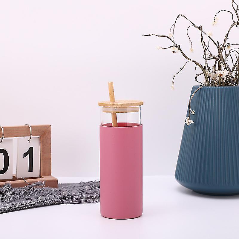 Pxcl Bambus Stroh Anti-Glas Gummiabdeckung, Bambus Shell Deckelglas, Rot, 480ml