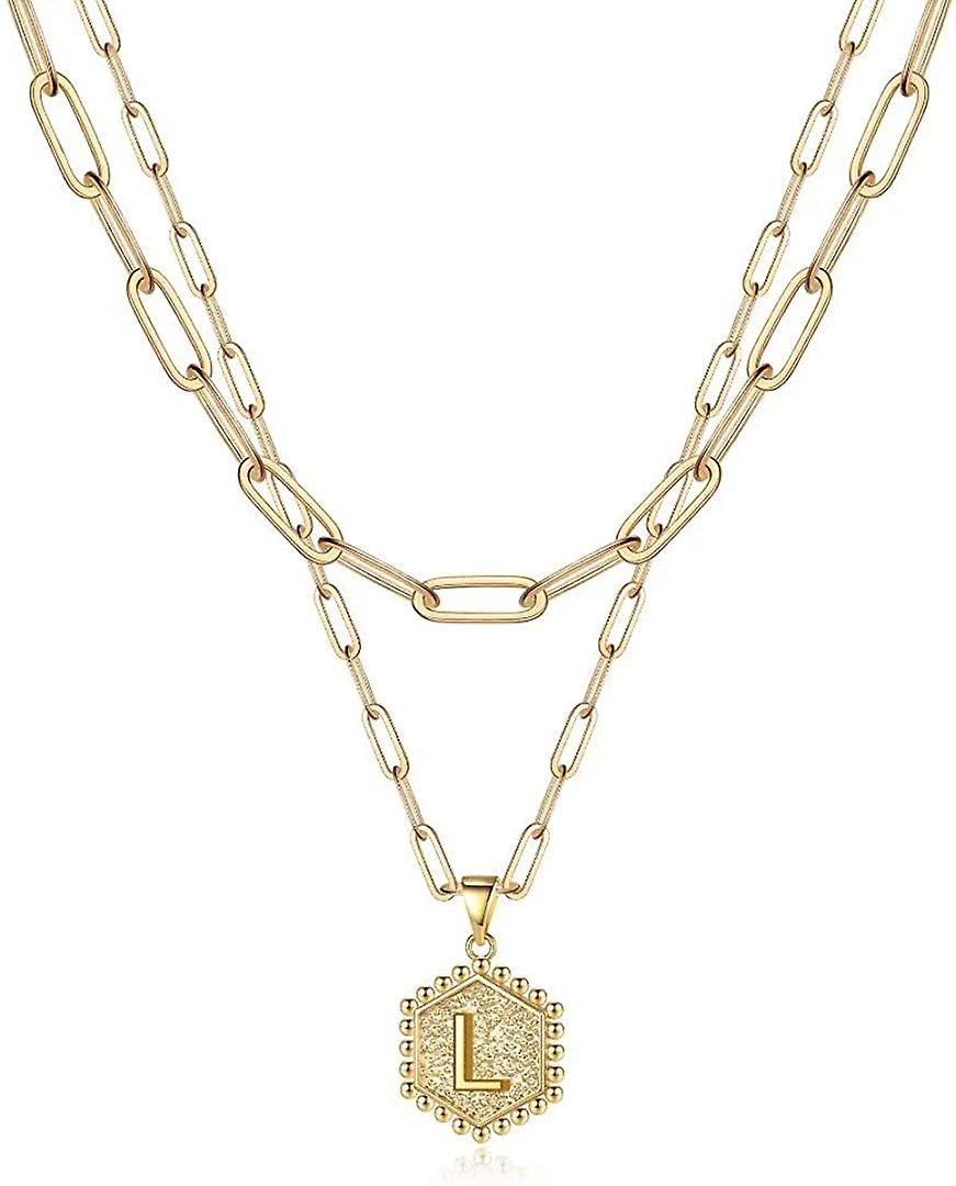 Délicat couches colliers initiales pour femmes, collier chaîne trombone plaqué or 14 carats Simple mignon hexagone lettre pendentif initiale collier ras de cou or L